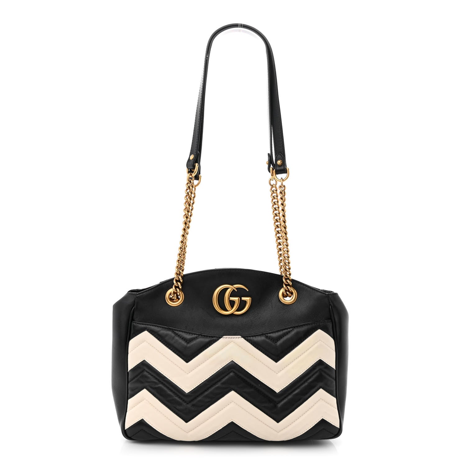 Gucci Calfskin Matelasse Medium GG Marmont Open Top Shoulder Bag Black White 1 of 13