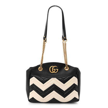 Gucci Calfskin Matelasse Medium GG Marmont Open Top Shoulder Bag Black White 1 of 13