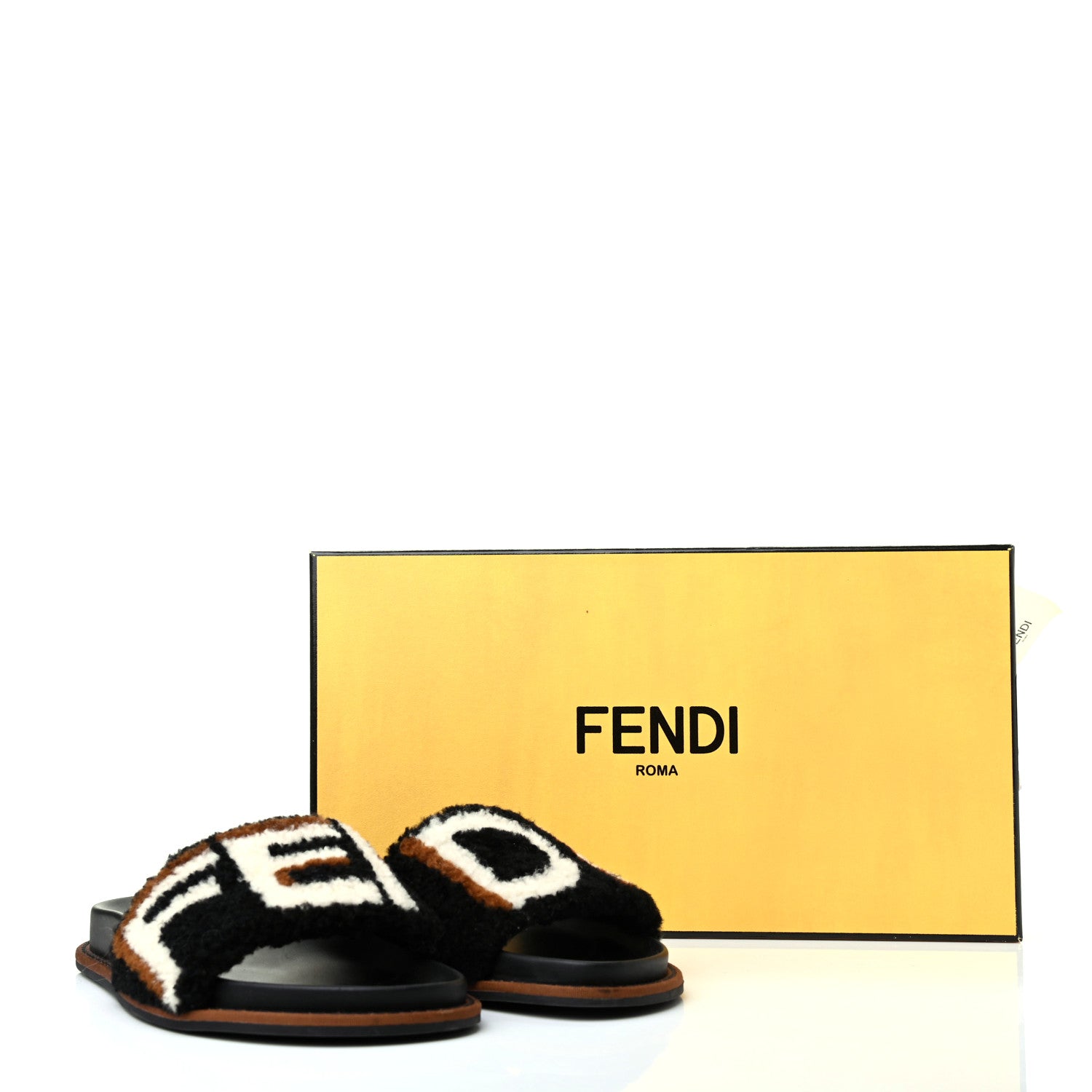 Fendi Shearling Logo Slide Sandals 36.5 Black Latte Brownie 11 of 11