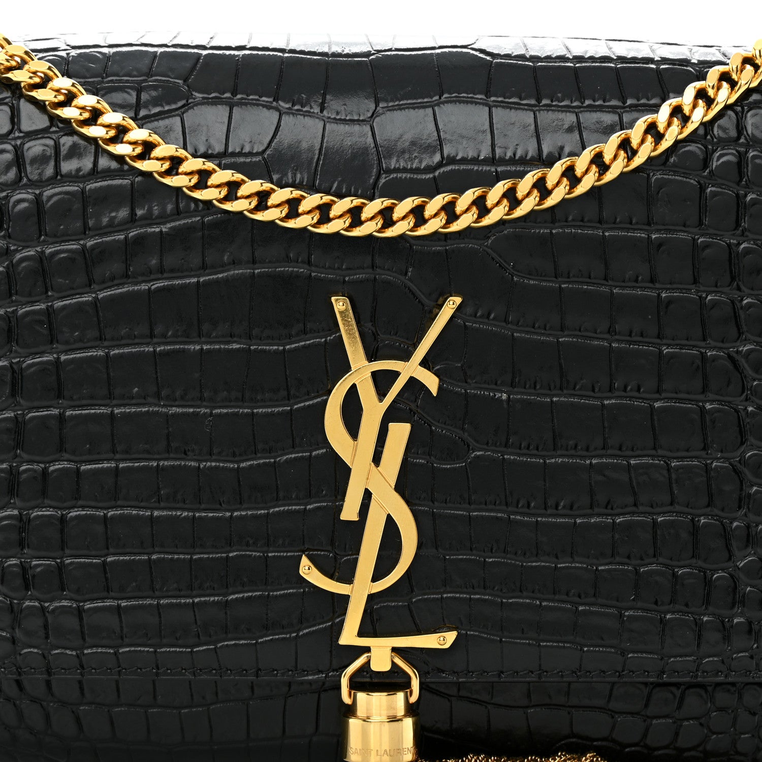 Saint Laurent Calfskin Crocodile Embossed Medium Classic Monogram Kate Tassel Satchel Black 7 of 13