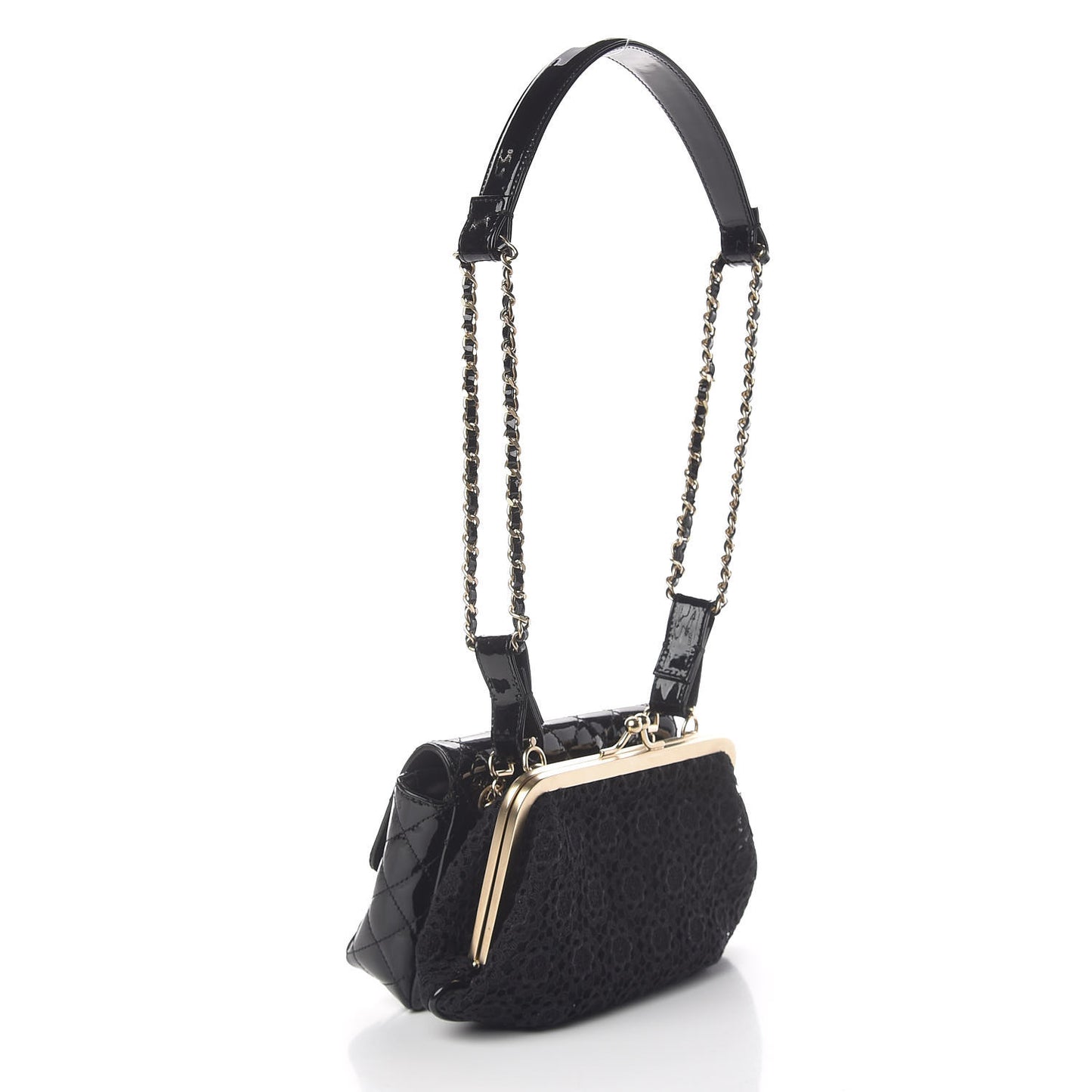 Patent Lace Mini Kiss Lock Double Bag Black