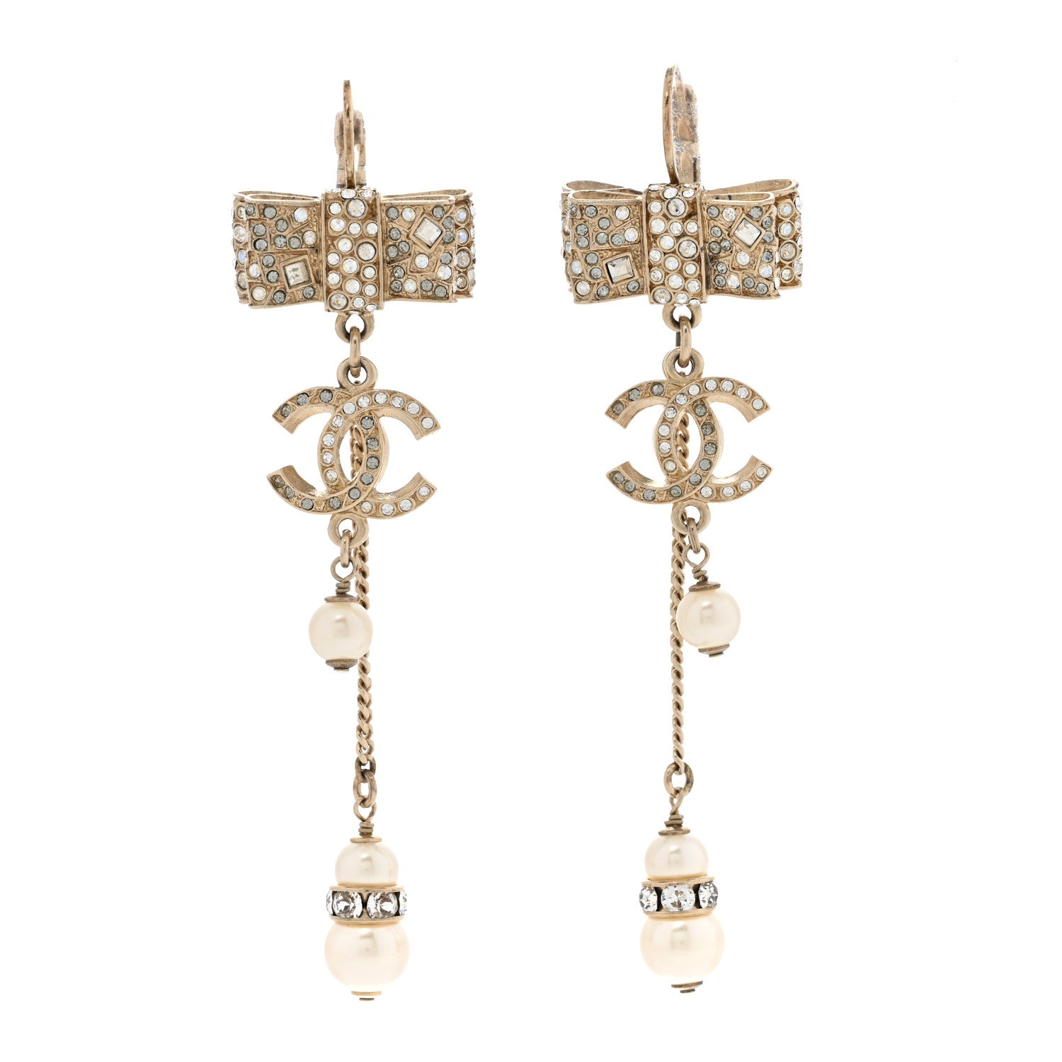 Chanel Crystal Pearl Bow Drop Earrings Gold 1 of 7