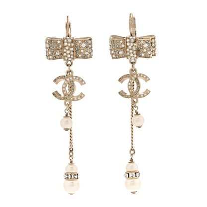 Chanel Crystal Pearl Bow Drop Earrings Gold 1 of 7