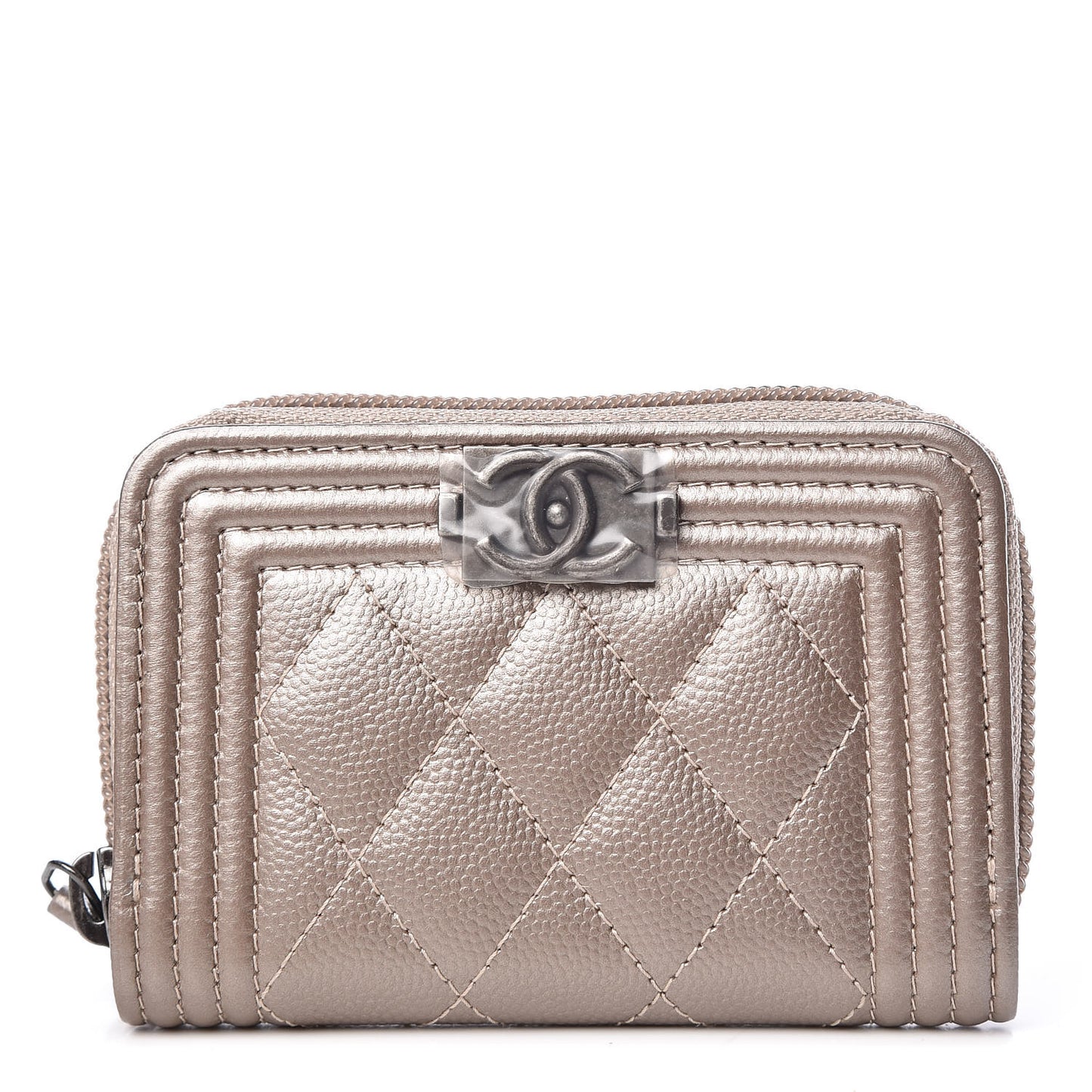 Caviar Quilted Boy Zip Around Coin Purse Wallet Light Gold