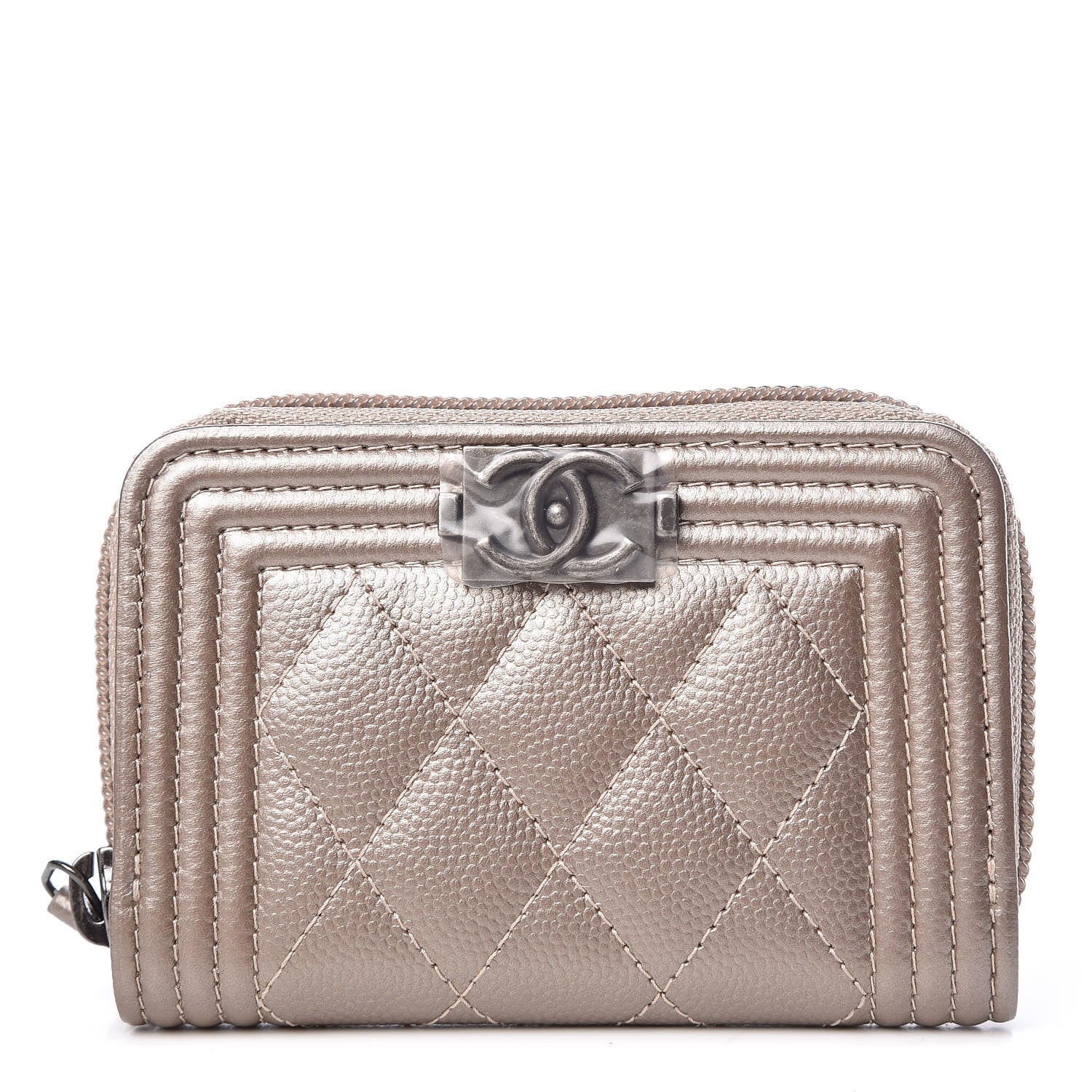Chanel Caviar Quilted Boy Zip Around Coin Purse Wallet Light Gold 1 of 8