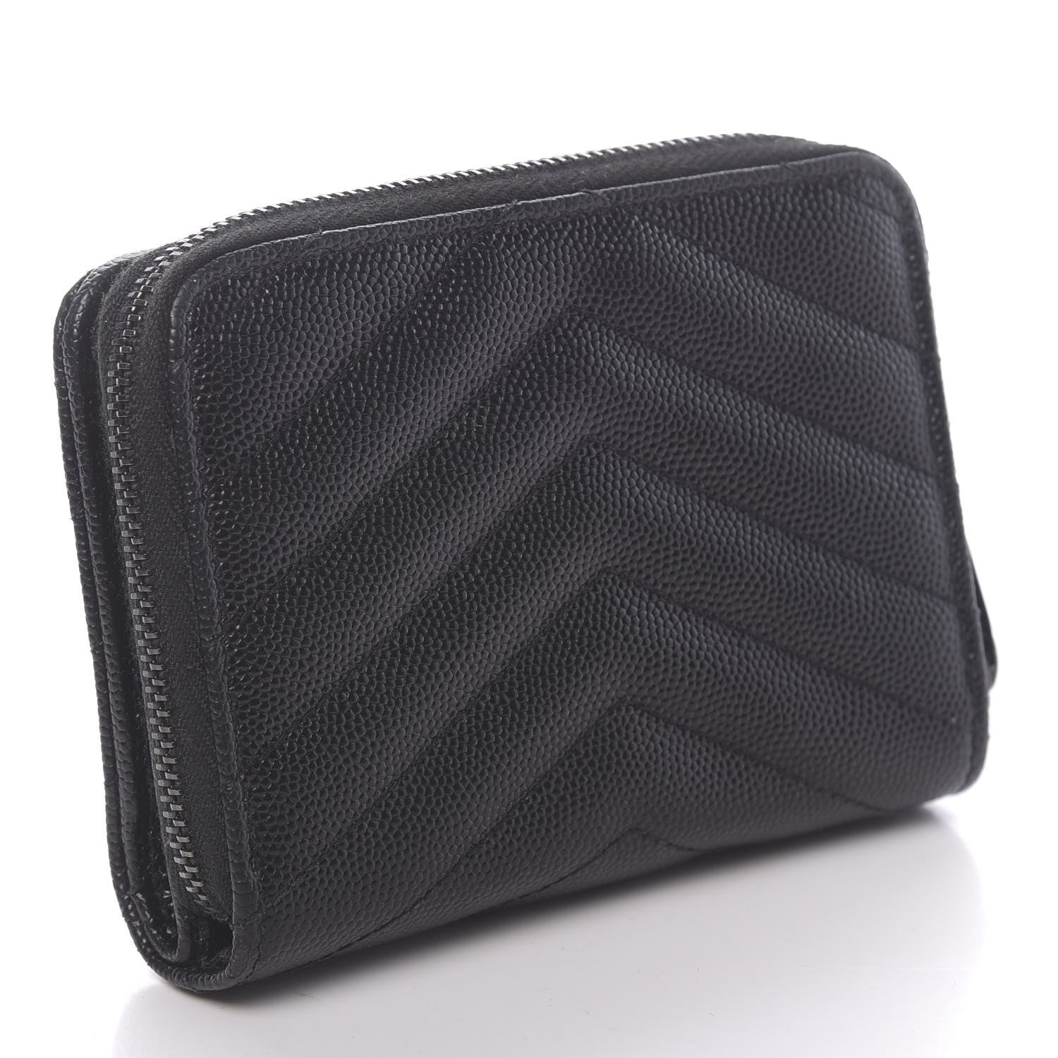 Saint Laurent Grain De Poudre Matelasse Chevron Monogram Compact Zip Around Wallet Black 3 of 15