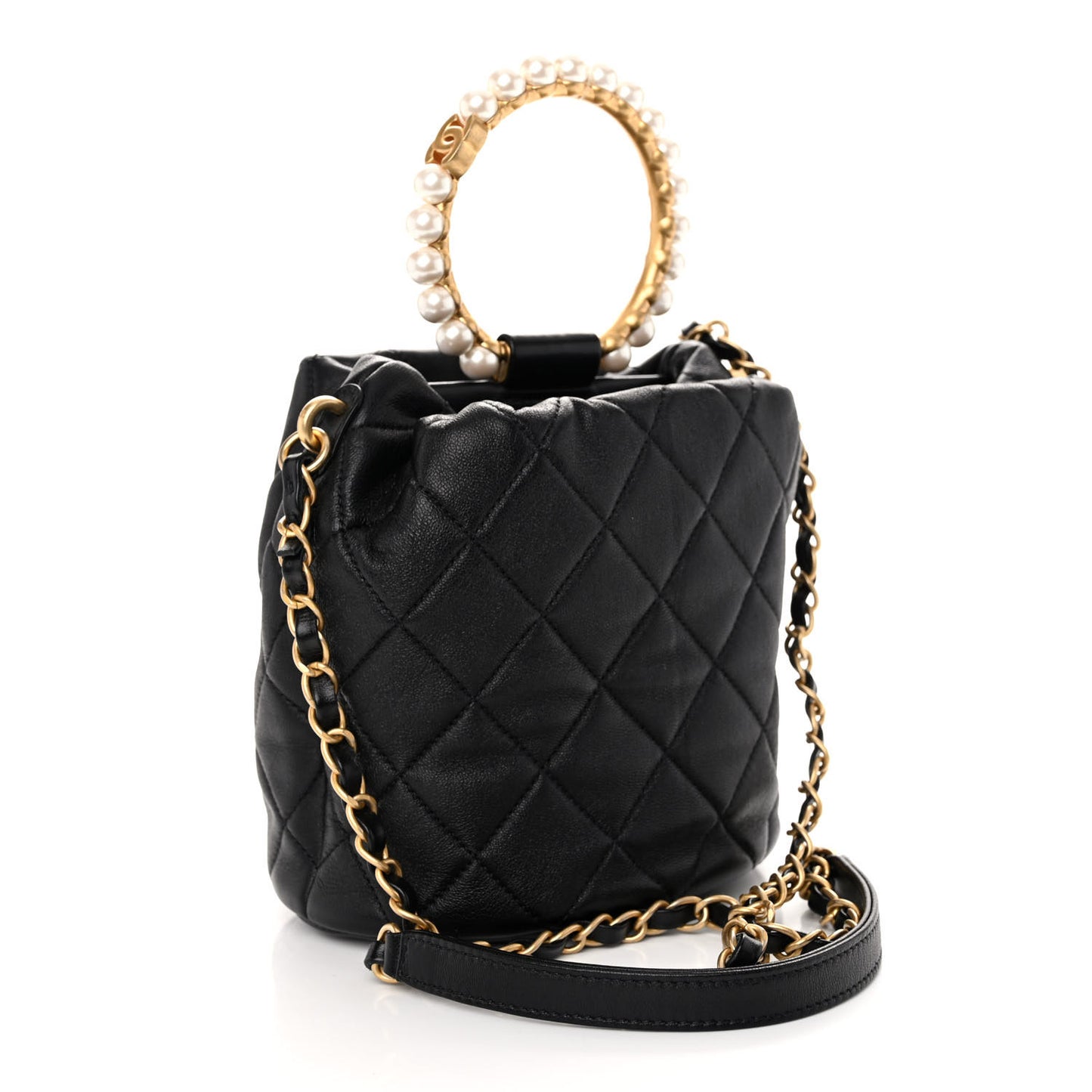 Lambskin Quilted Pearl Crown Drawstring Bag Black