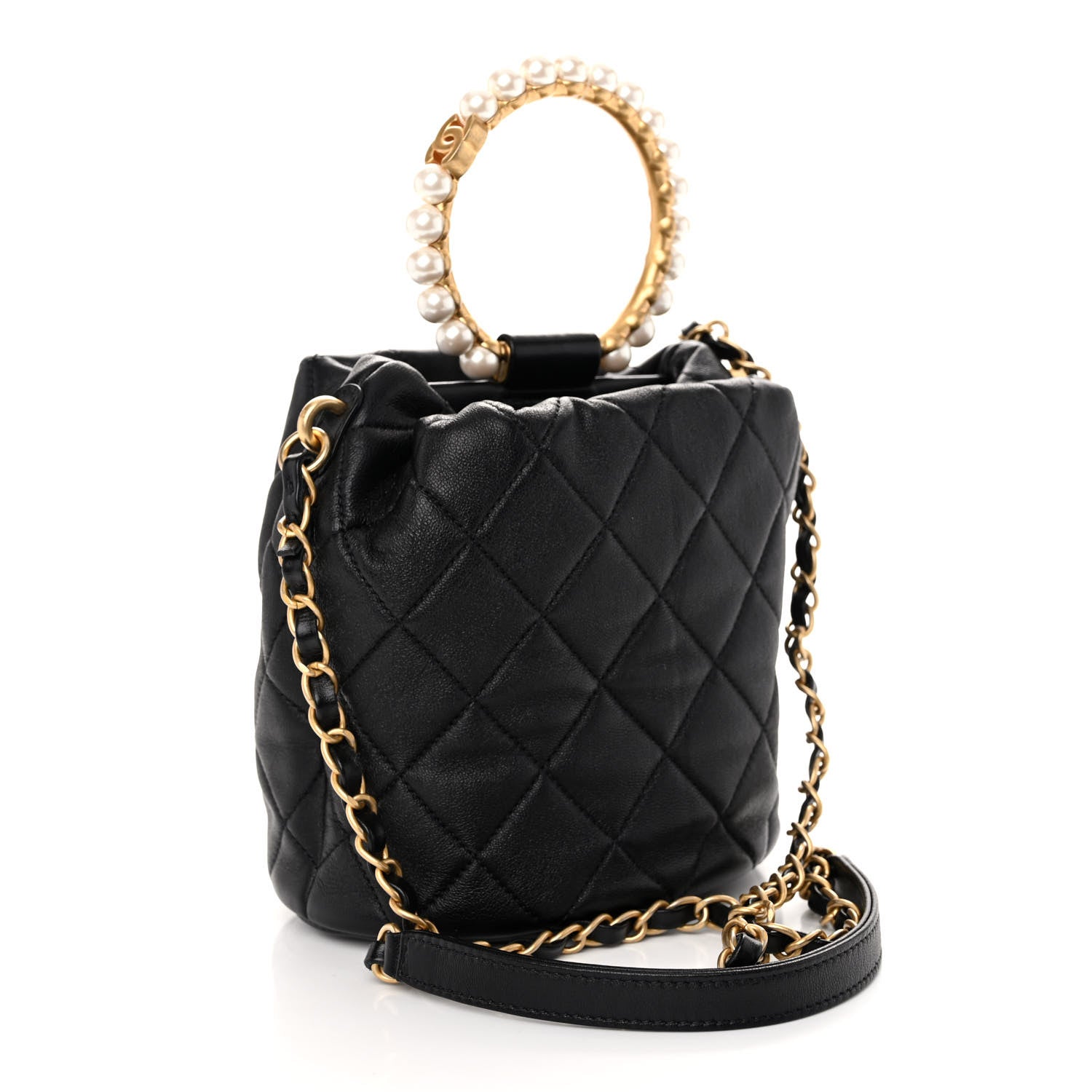 Chanel Lambskin Quilted Pearl Crown Drawstring Bag Black 3 of 10