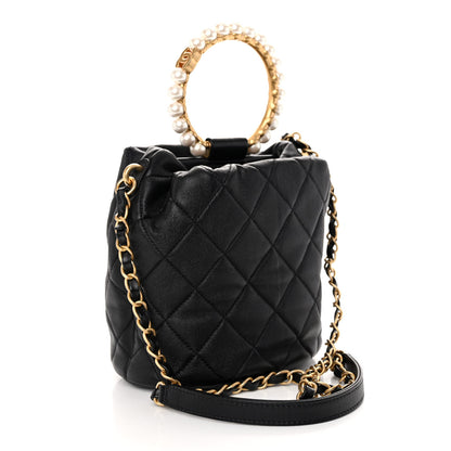 Chanel Lambskin Quilted Pearl Crown Drawstring Bag Black 3 of 10
