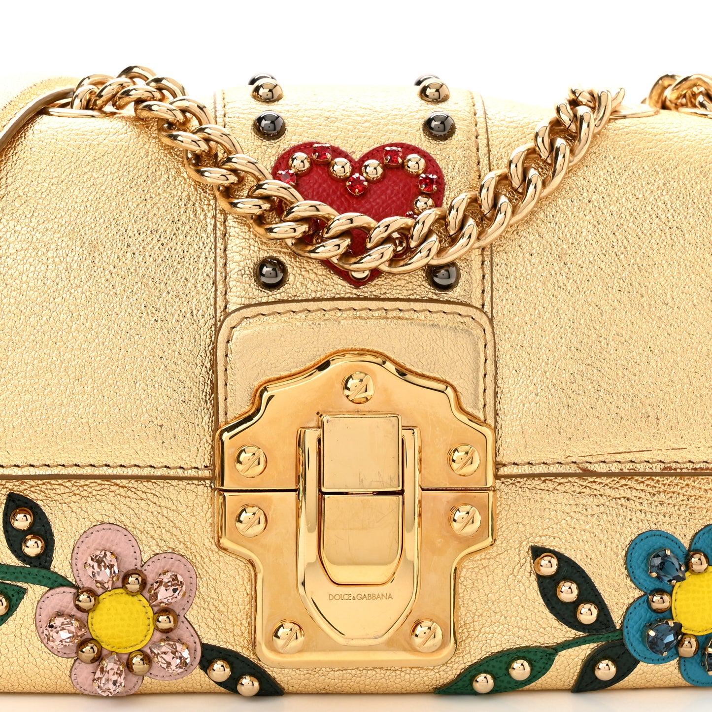 Metallic Calfskin Crystal Embellished Lucia Shoulder Bag Gold Multicolor