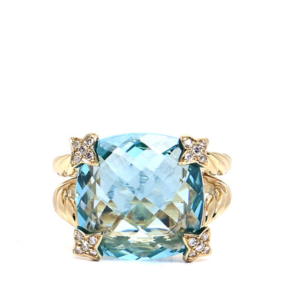 David Yurman 18K Yellow Gold Diamond Blue Topaz 15mm Cushion On Point Ring 54 7 1 of 7