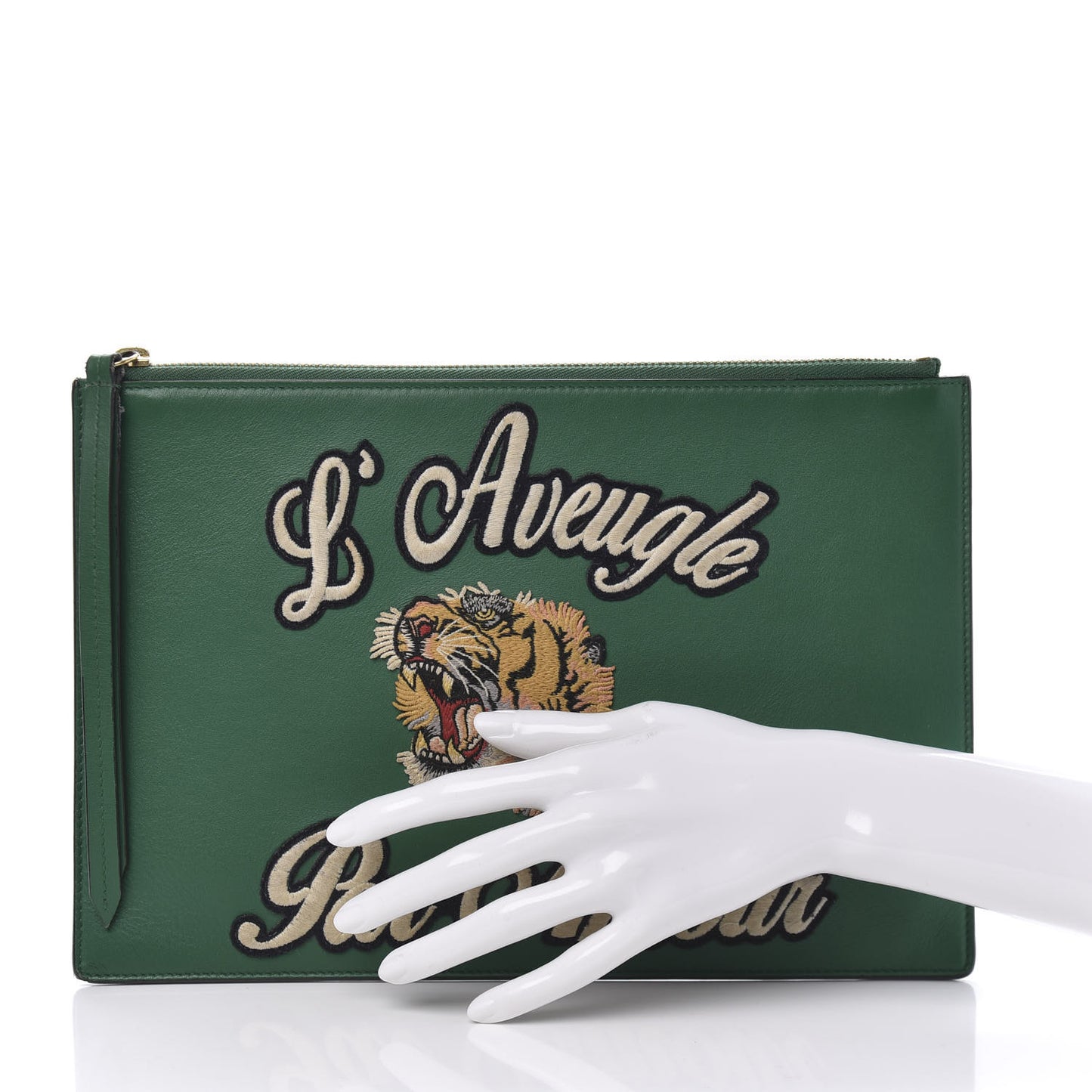 Calfskin Embroidered Large L'Aveugle Par Amour Zip Pouch Green