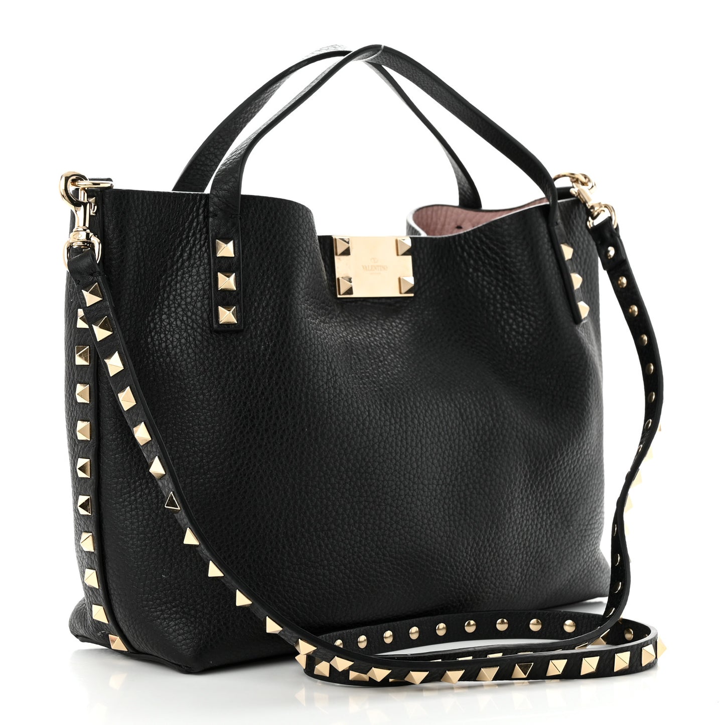 Grained Calfskin Small Rockstud Flip Lock Tote Black Rose Quartz