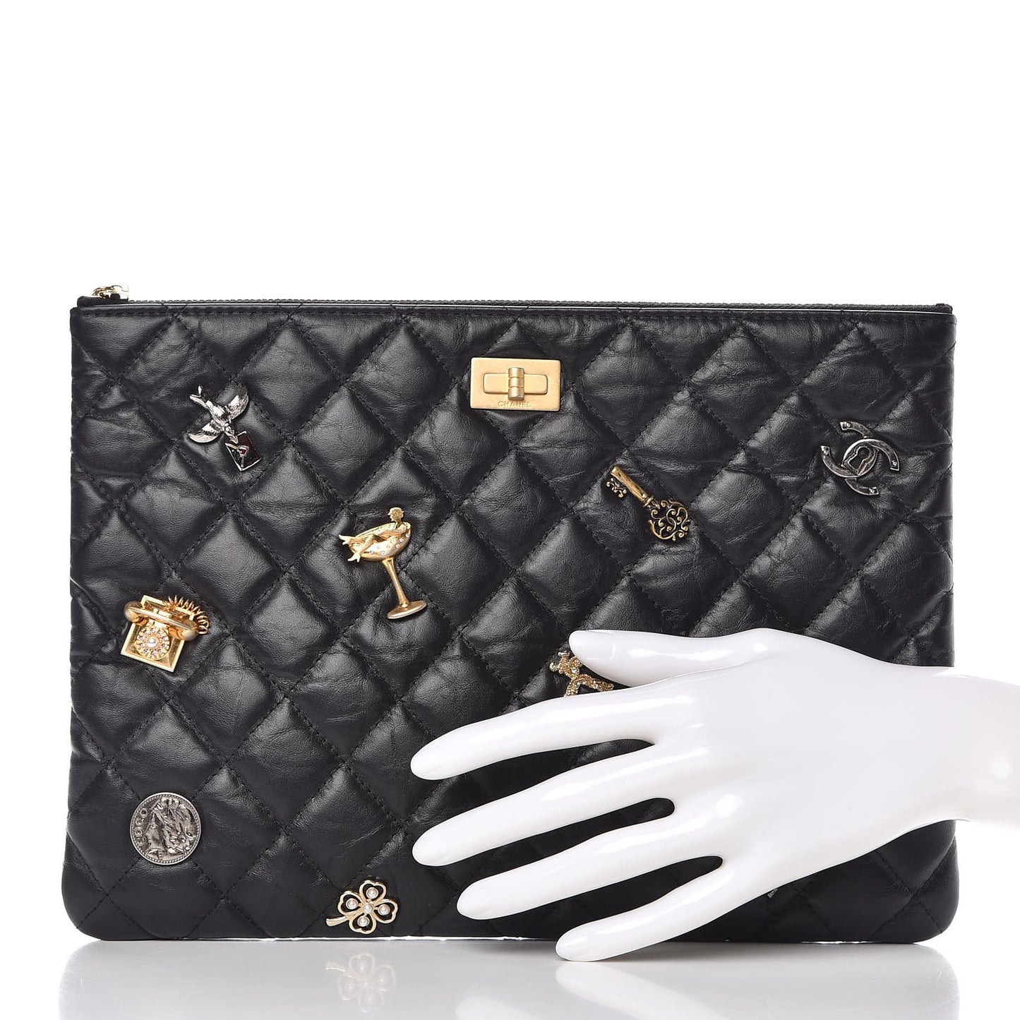 Aged Calfskin Quilted Medium Lucky Charms Cosmetic Case Black