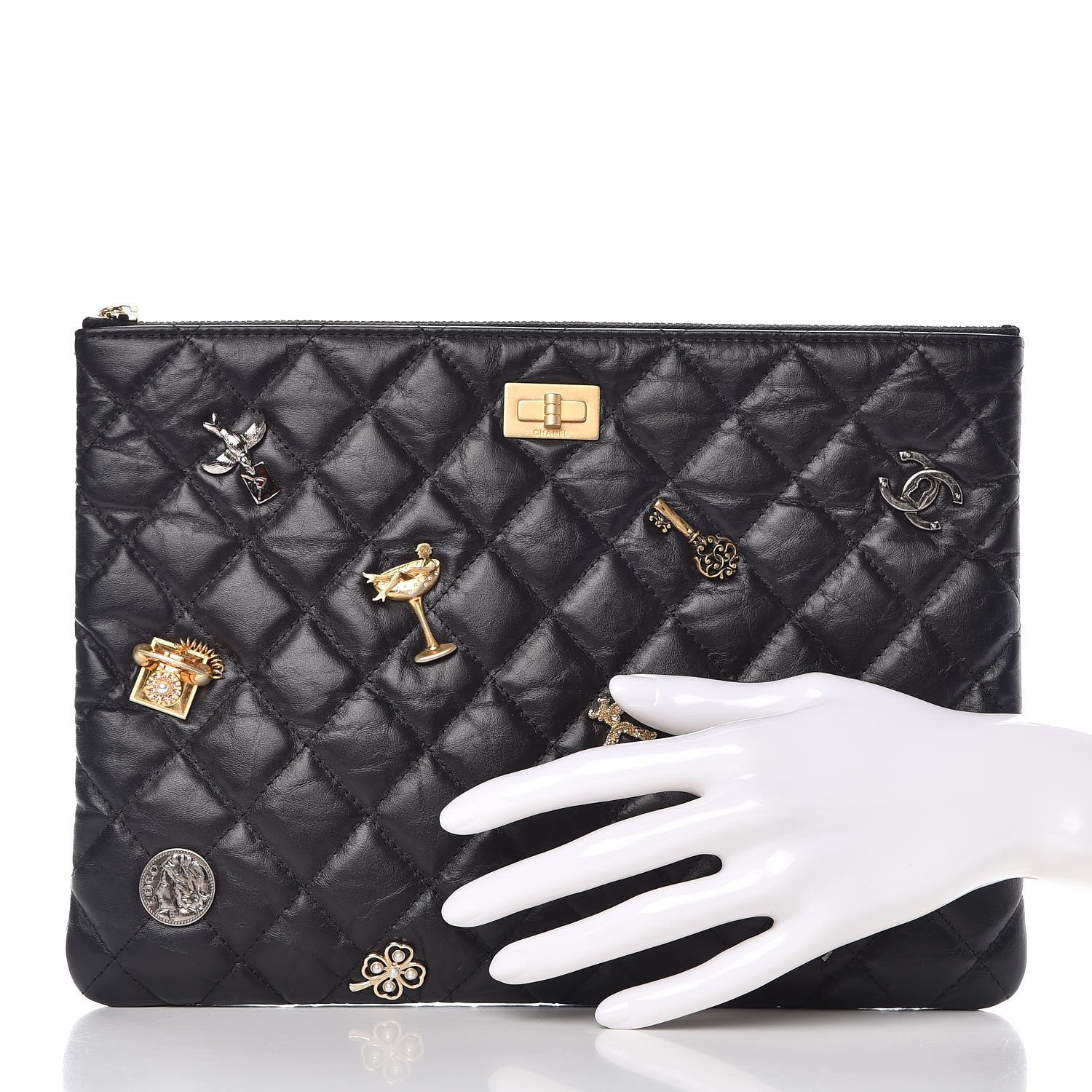 Chanel Aged Calfskin Quilted Medium Lucky Charms Cosmetic Case Black 2 of 8