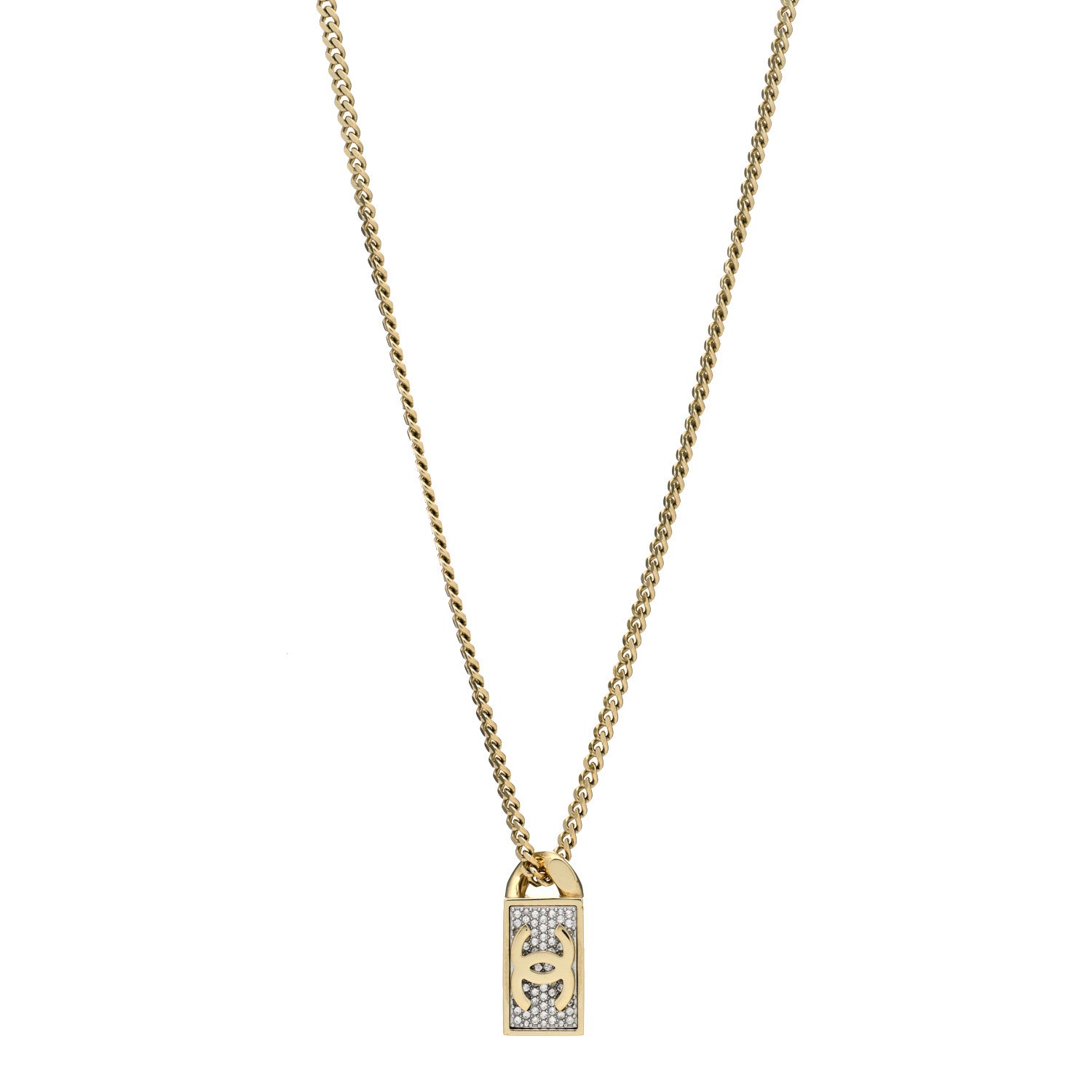 Chanel Crystal Dog Tag Charm Necklace Gold 1 of 5