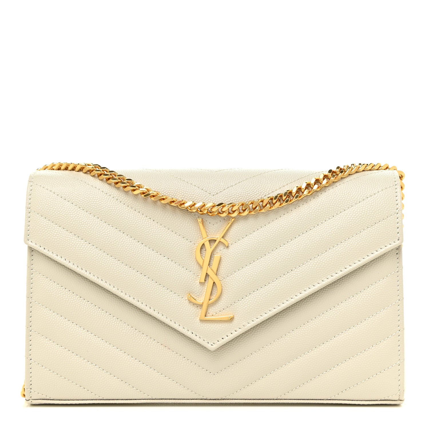 Saint Laurent Grain De Poudre Matelasse Chevron Monogram Chain Wallet Crema Soft 1 of 14
