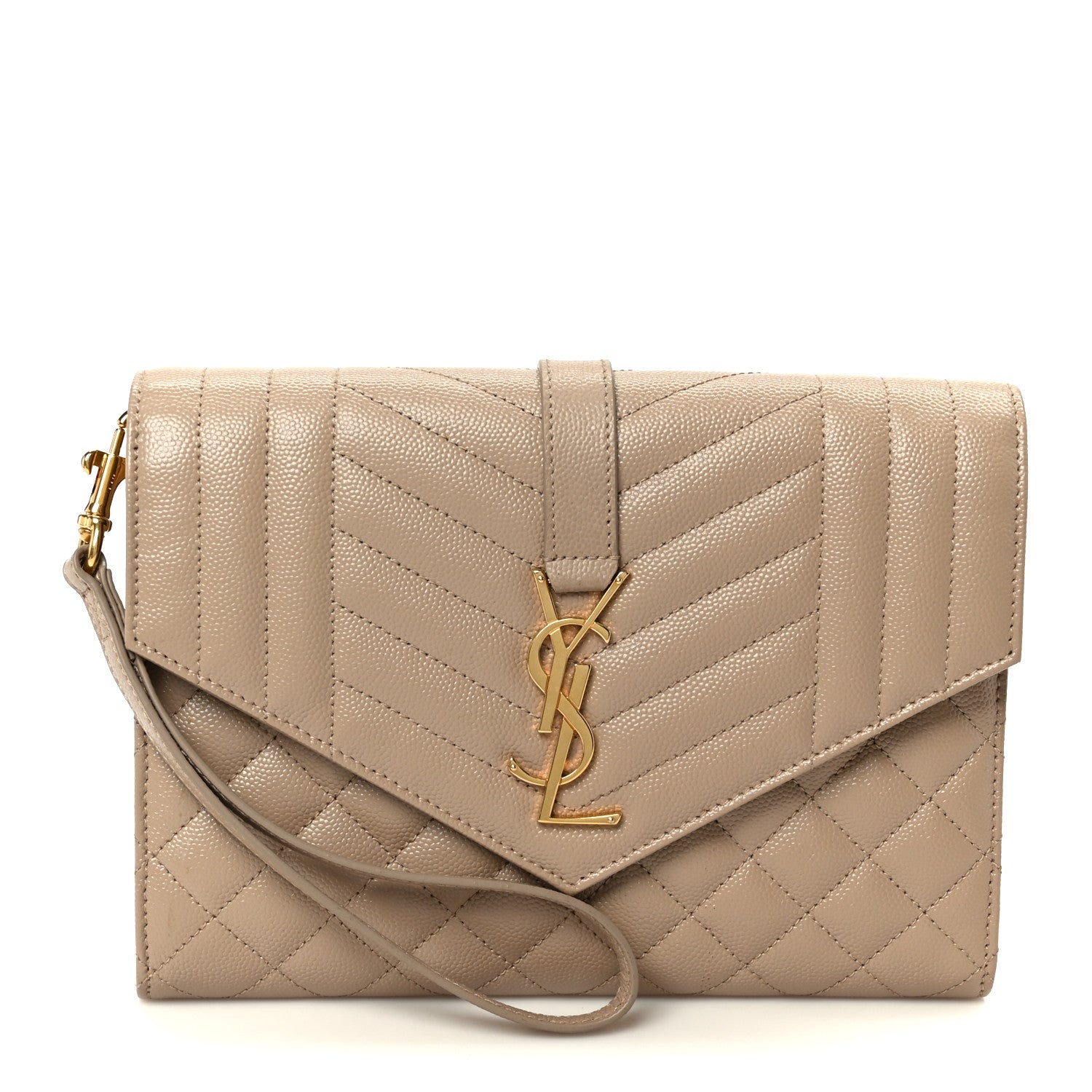 Saint Laurent Grain De Poudre Textured Mixed Matelasse Triquilt Monogram Clutch Dark Beige 1 of 9