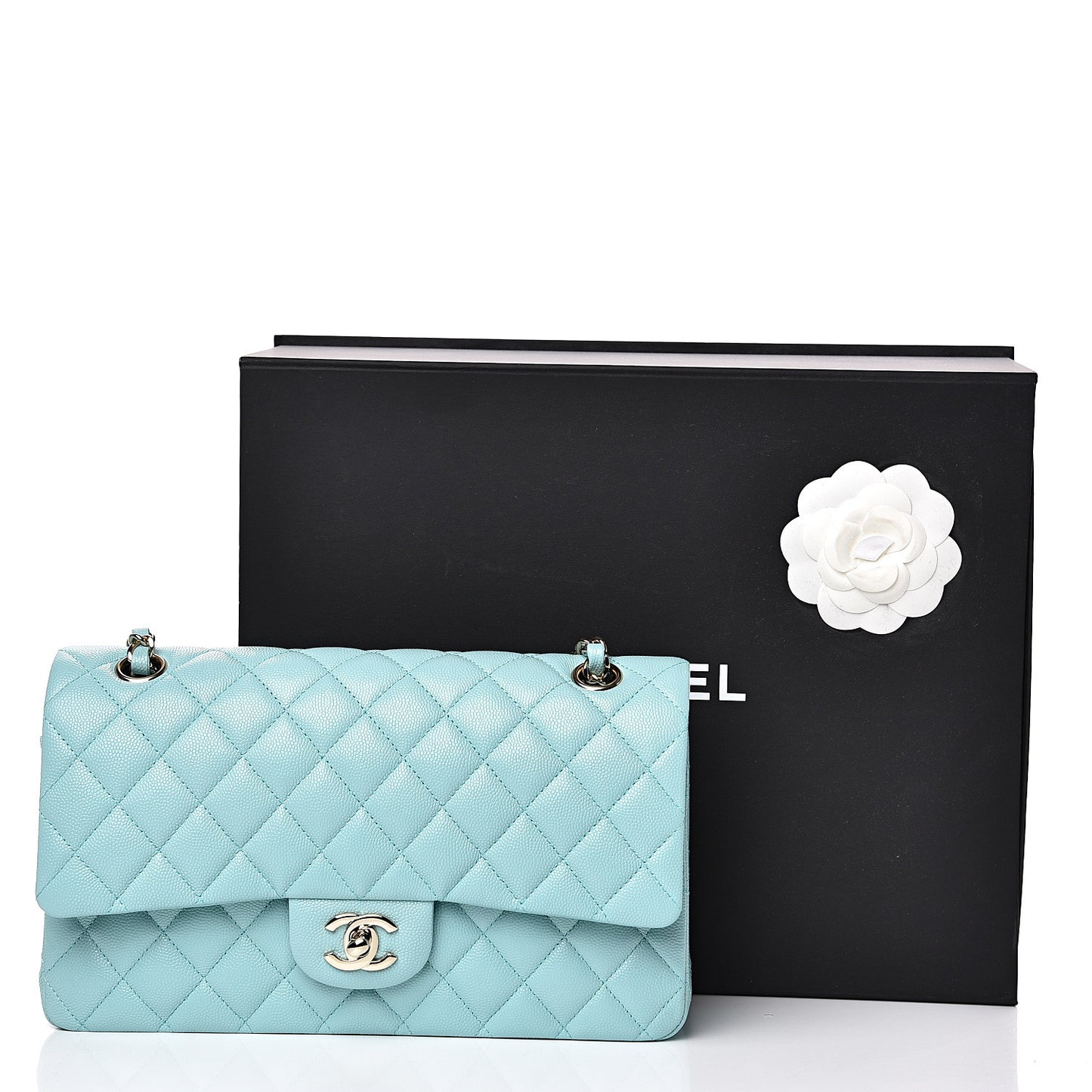 Caviar Quilted Medium Double Flap Light Blue