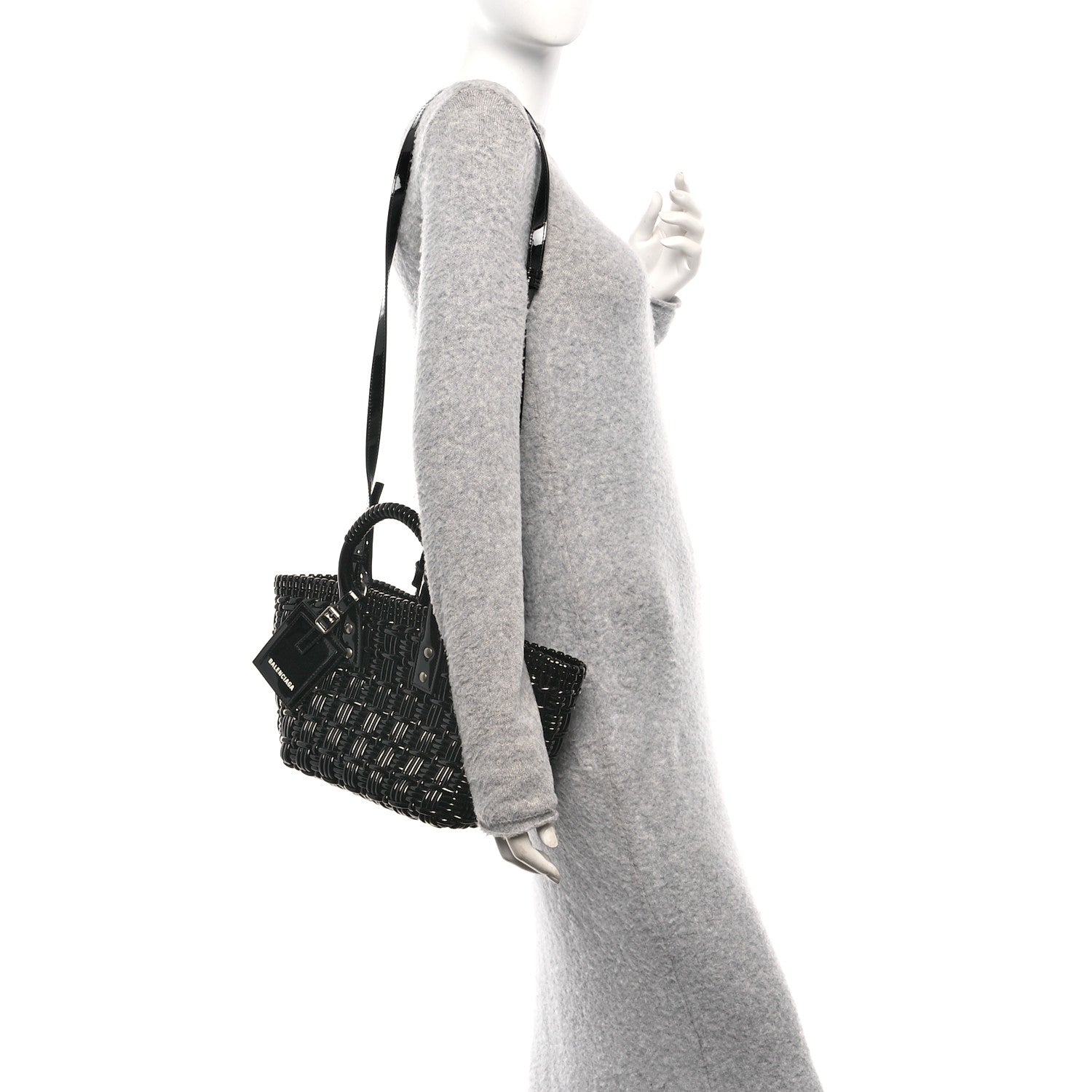 Balenciaga Varnished Faux Calfskin Braided XS Bistro Basket Black