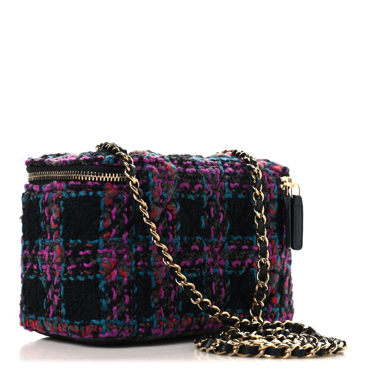 Chanel Tweed Quilted Small Vanity Case With Chain Black Purple Green Red 3 of 11