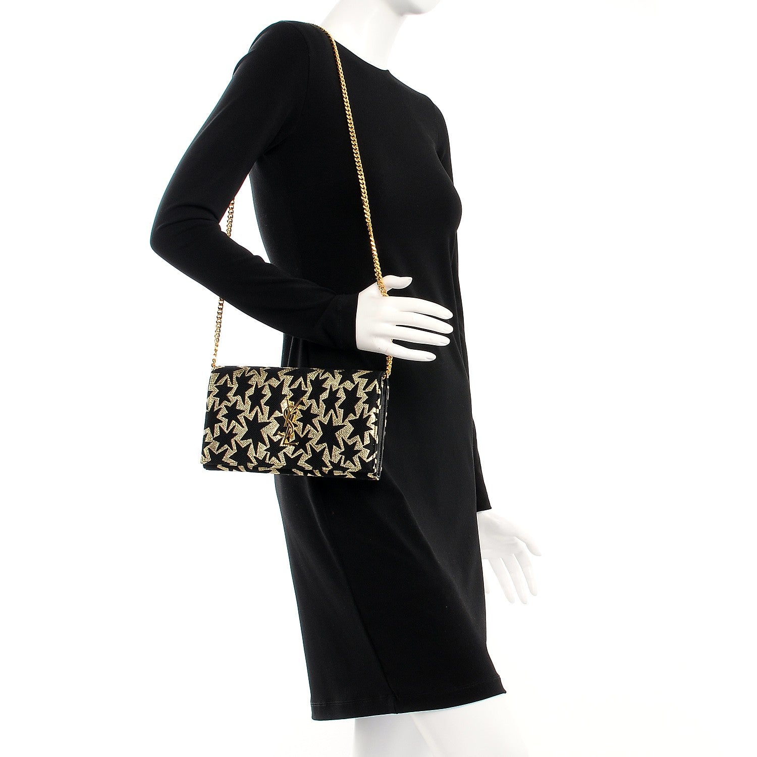 Saint Laurent Canvas Star Print Monogram Chain Wallet Gold Black 2 of 7