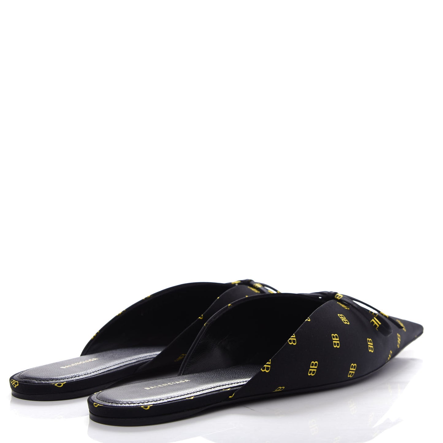 Crepe Satin BB Printed Pointy Toe Knife Flat Mules 39 Black Yellow Fluo