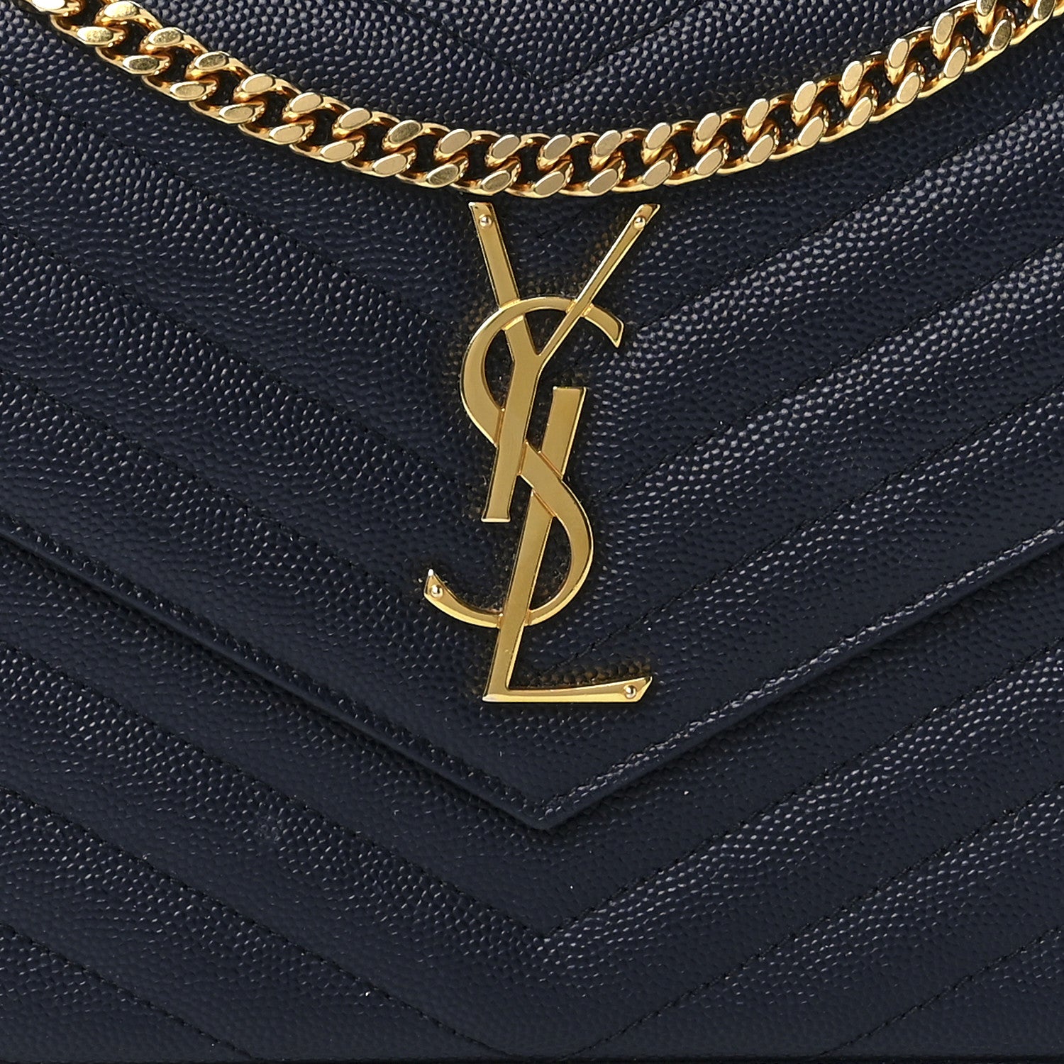 Saint Laurent Grain De Poudre Matelasse Chevron Monogram Chain Wallet Deep Marine 8 of 11