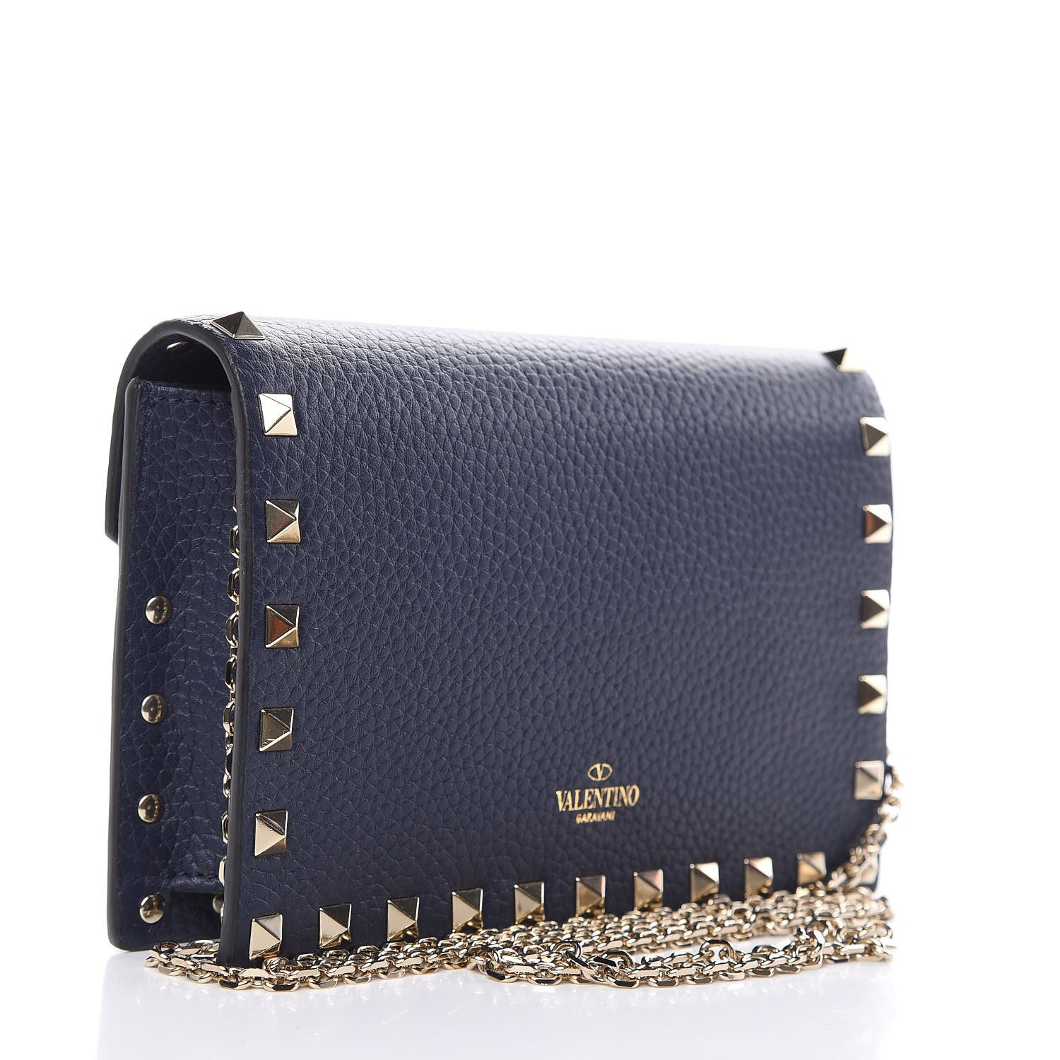 Valentino Garavani Pebbled Calfskin Rockstud Envelope Wallet on Chain Pure Blue 3 of 9