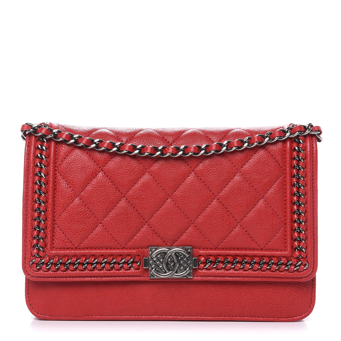 Calfskin Quilted Chain Around Boy Wallet On Chain WOC Red