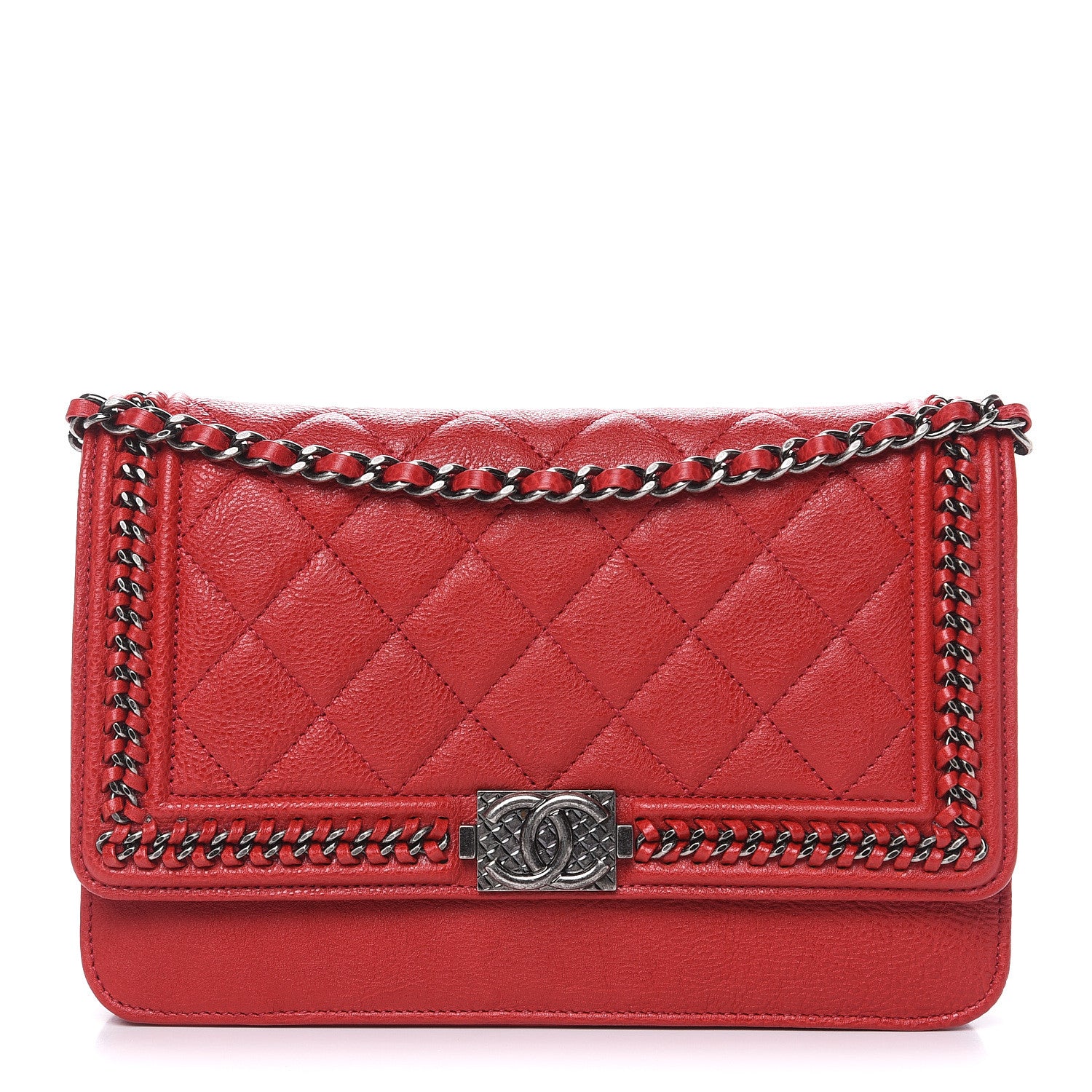 Chanel Calfskin Quilted Chain Around Boy Wallet On Chain WOC Red 1 of 13