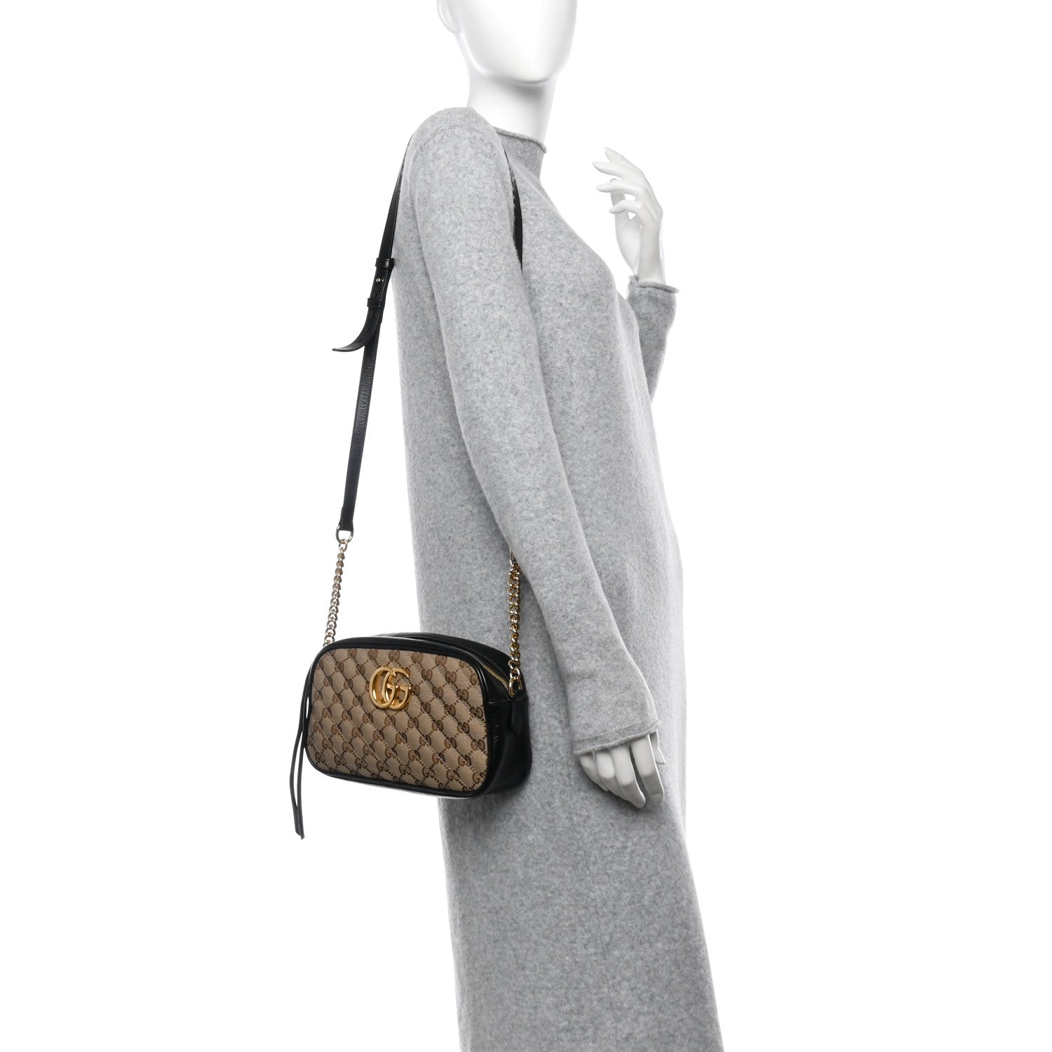 Gucci Monogram Matelasse Diagonal Small GG Marmont Chain Shoulder Bag Beige Black 2 of 11