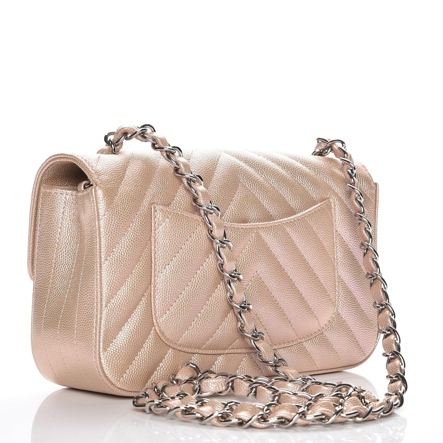 Iridescent Caviar Chevron Quilted Mini Rectangular Flap Light Gold