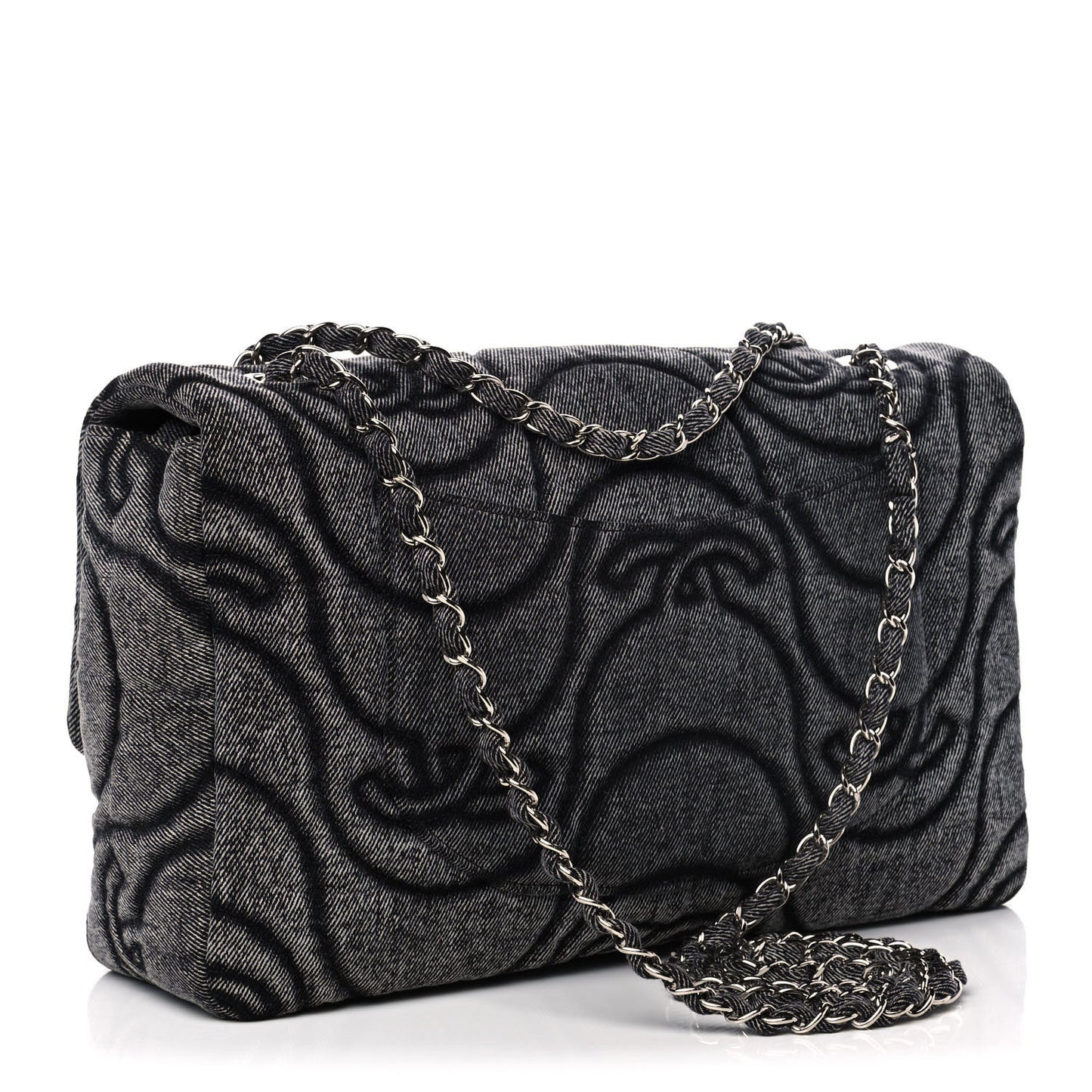 Denim Embossed CC Logo Print Jumbo Single Flap Grey Black