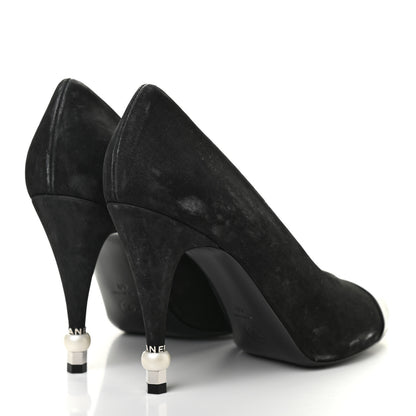 Chanel Patent Suede Calfskin Pearl Cap Toe Pumps 40 Black 4 of 18