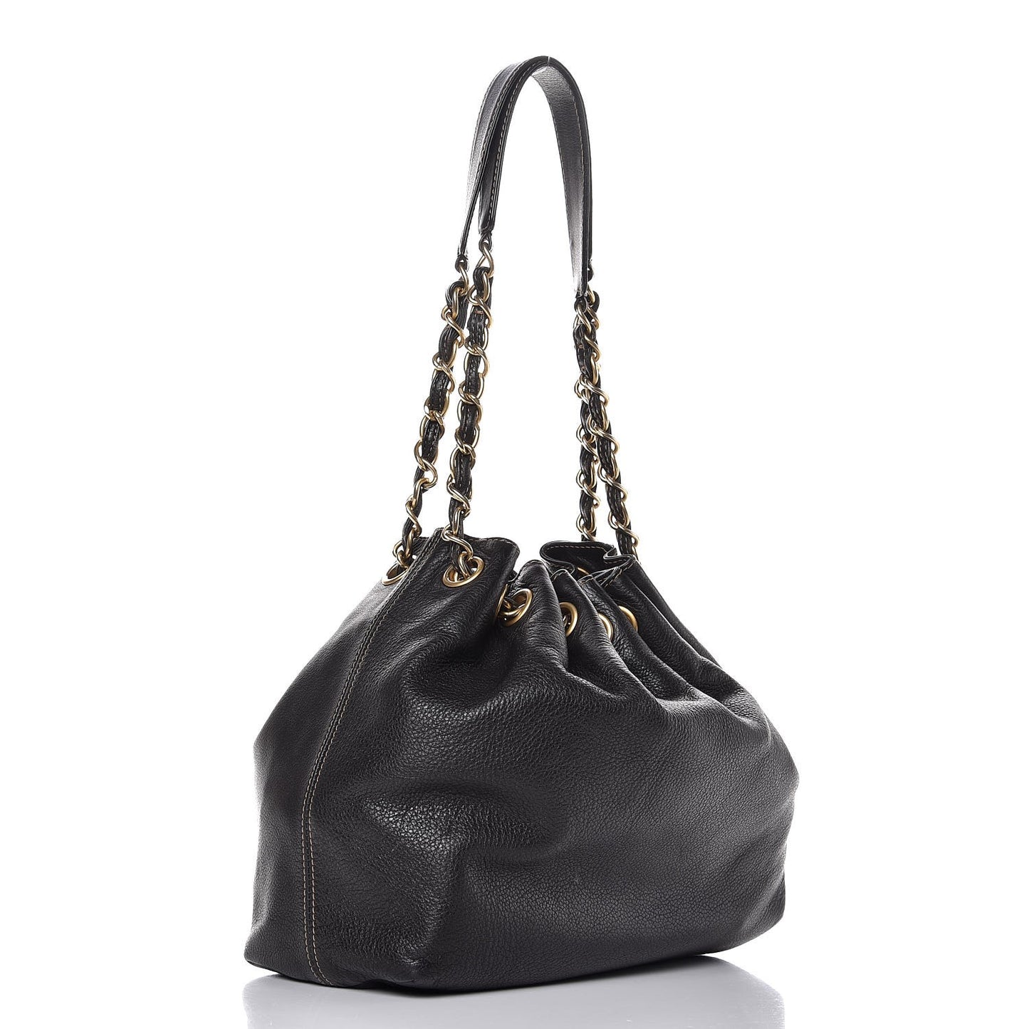 Grained Calfskin CC Drawstring Bucket Bag Black