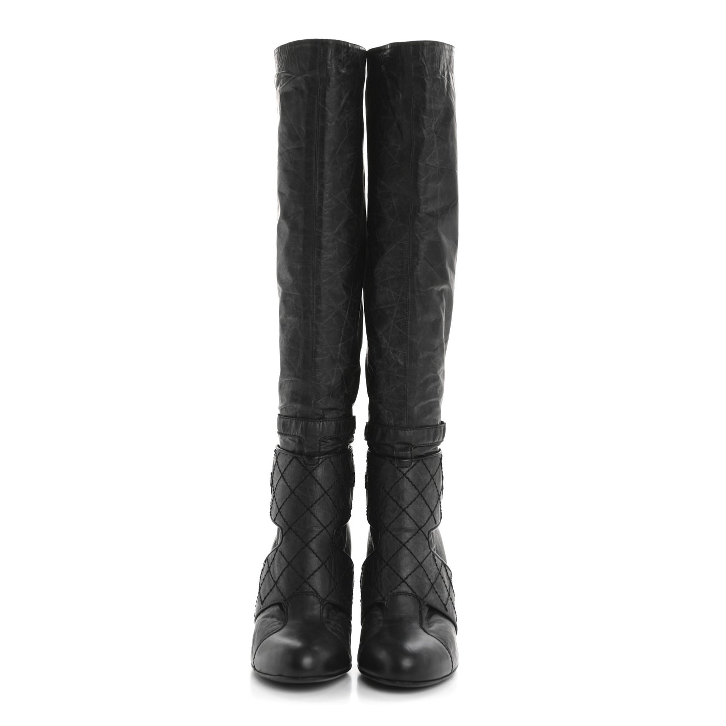 Aged Calfskin Quilted Knee High CC Boots 38.5 Black