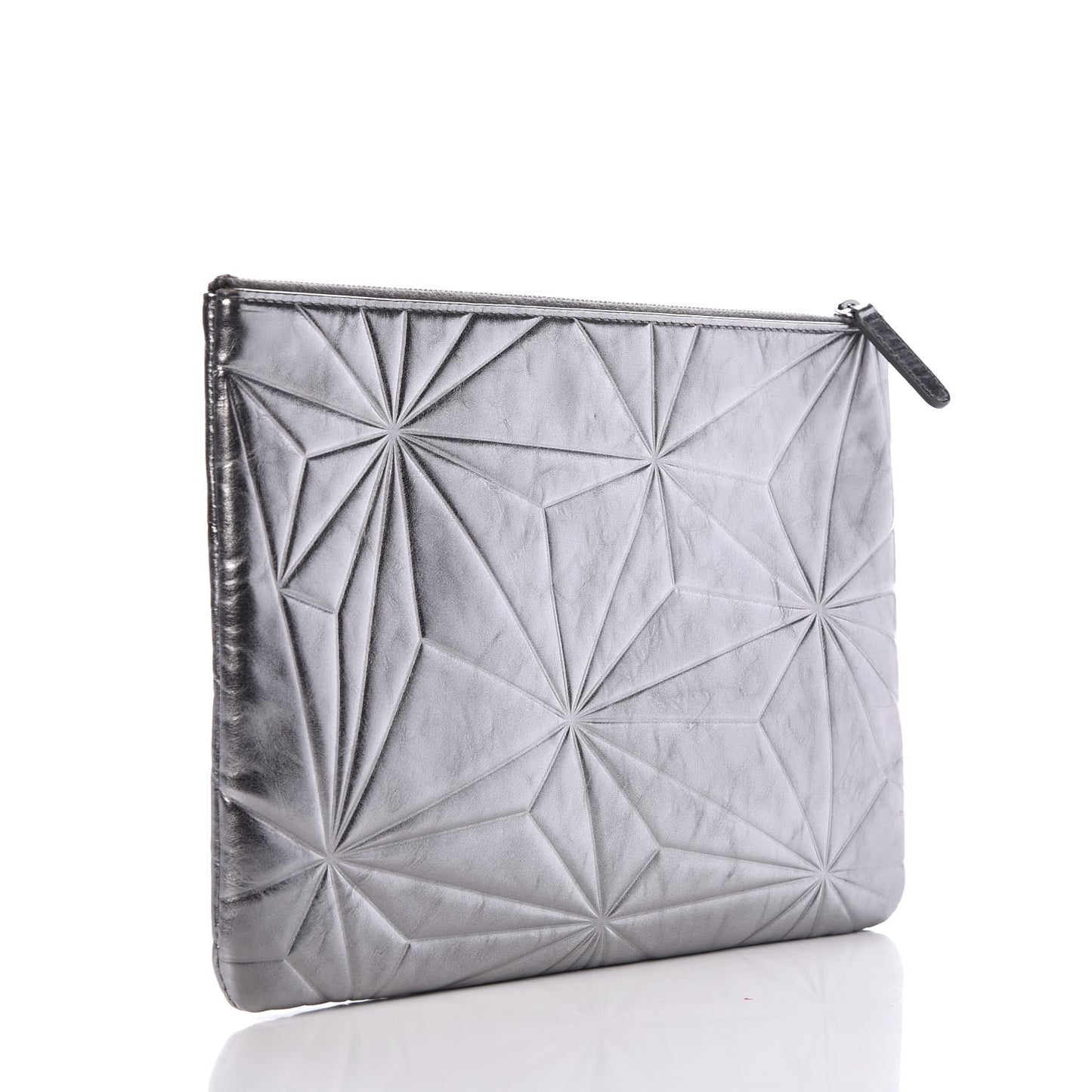 Metallic Lambskin Embossed Medium Cosmetic Pouch Silver