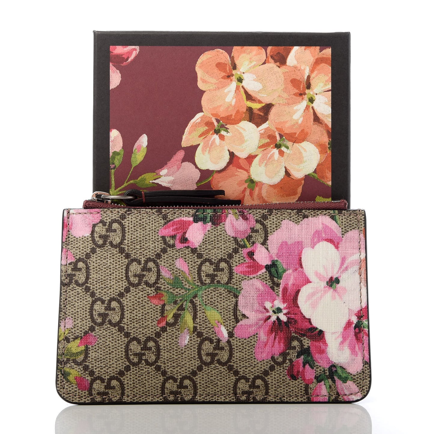 GG Supreme Monogram Blooms Key Ring Coin Case Beige Multicolor Dry Rose