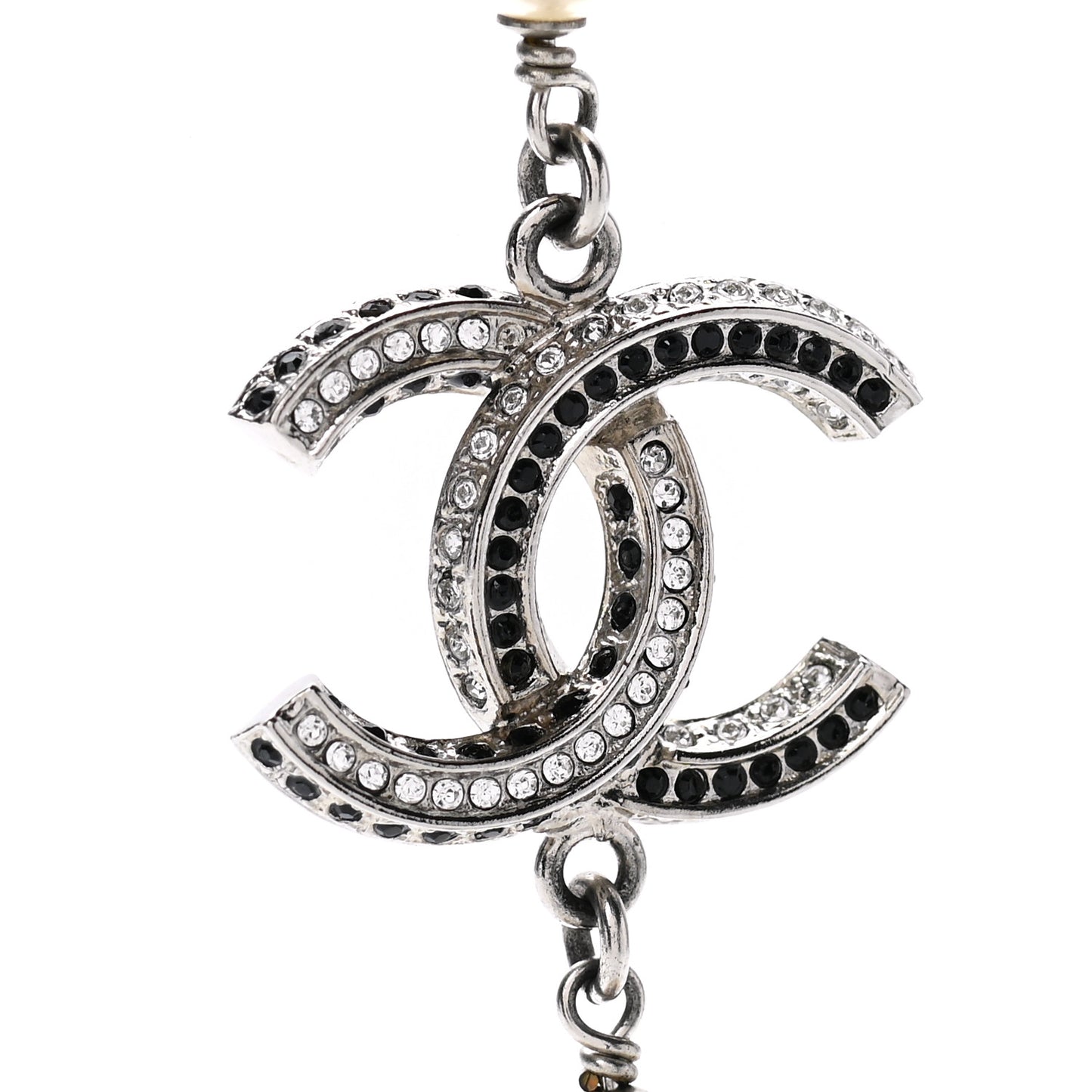 Pearl Crystal Bead CC Long Necklace Black Silver