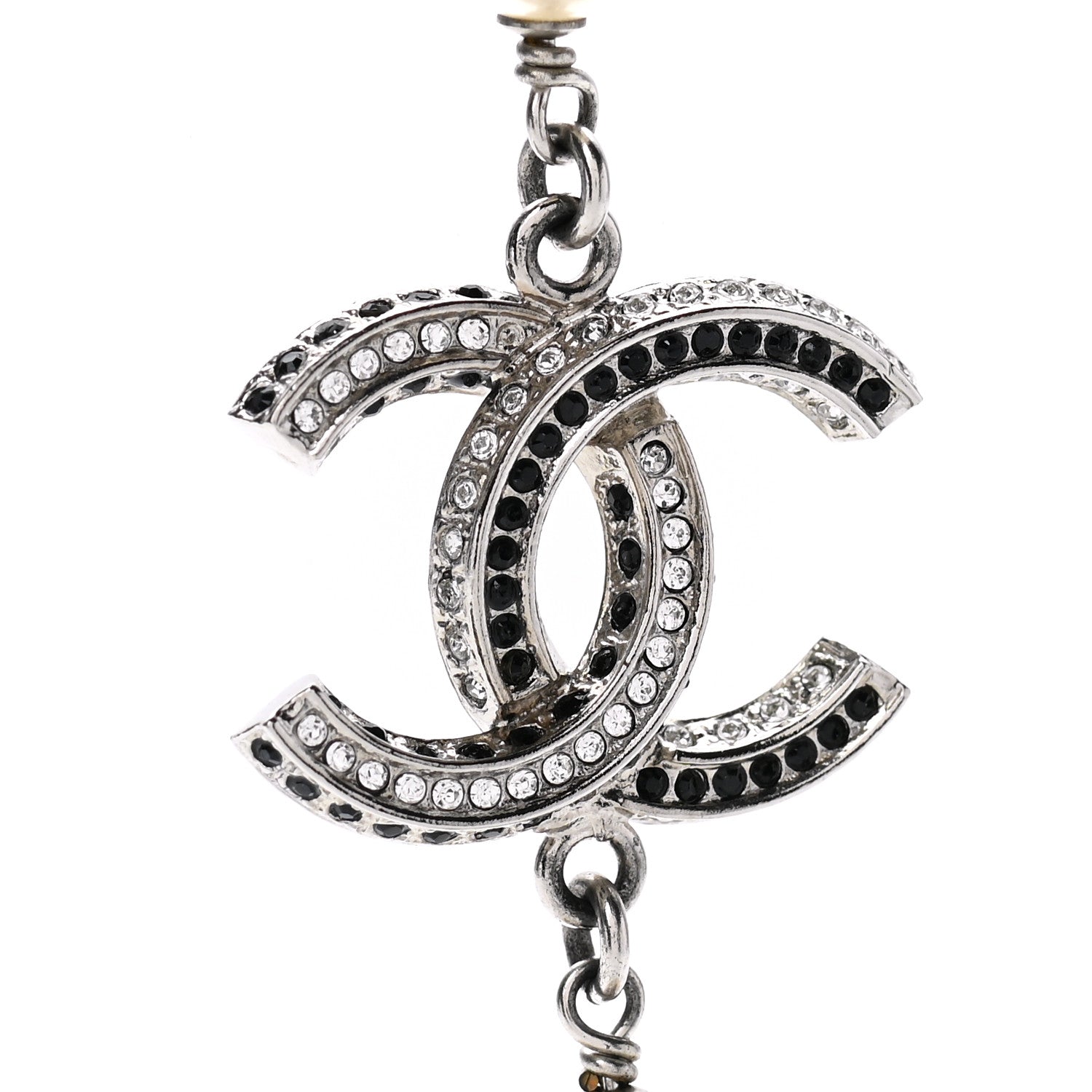 Chanel Pearl Crystal Bead CC Long Necklace Black Silver 4 of 7