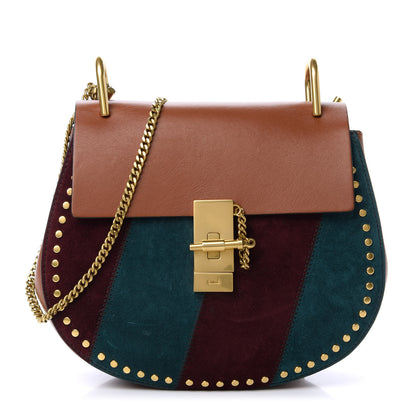 Chloe Suede Calfskin Striped Patchwork Studded Drew Shoulder Bag Caramel Multicolor 1 of 9