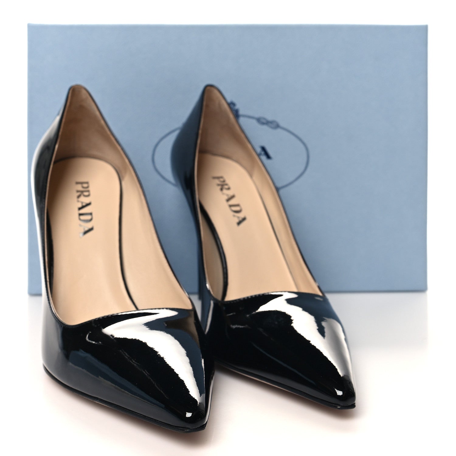 Prada Patent Metal Logo Pointed Toe Pumps 39.5 Black 1525199