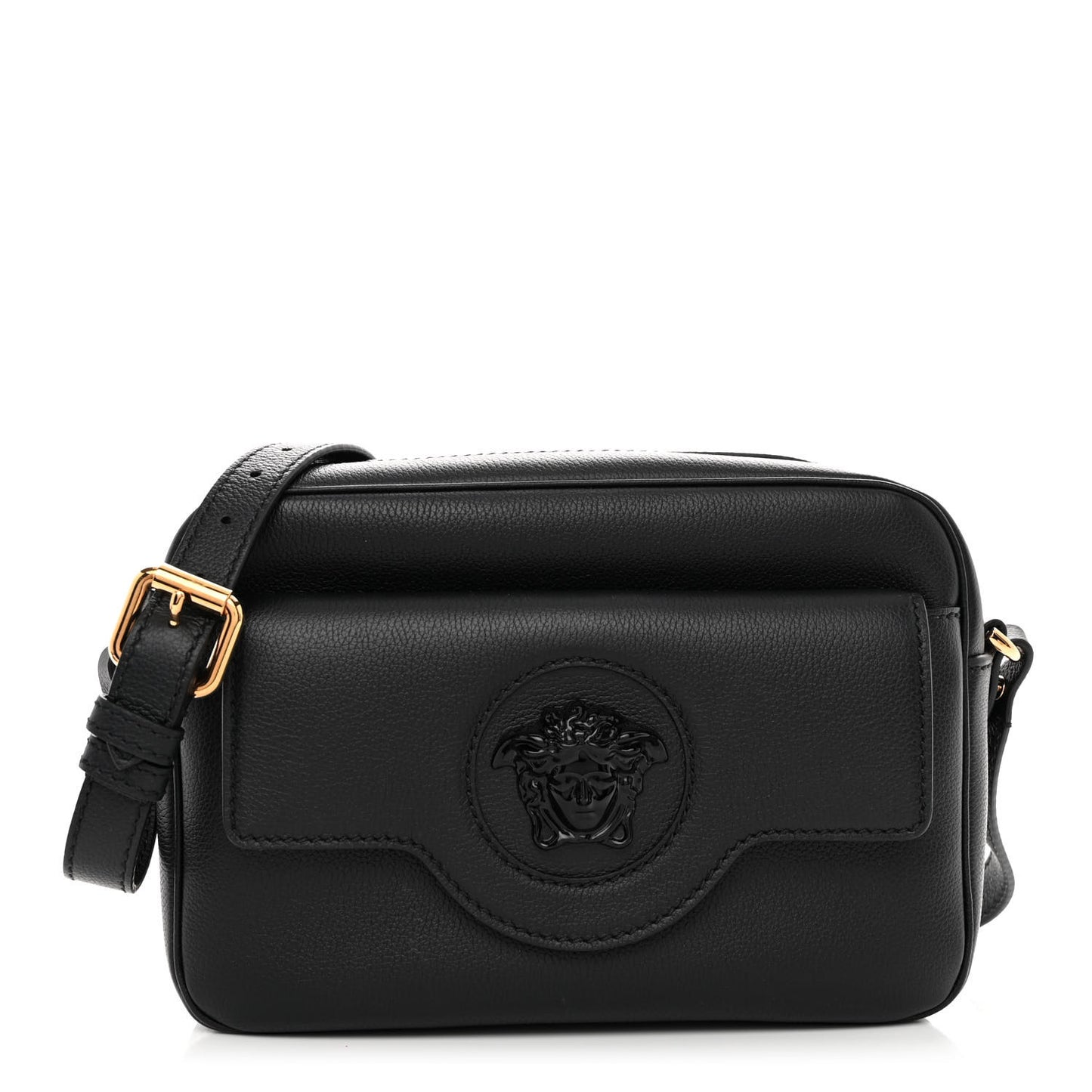 Grained Calfskin Medusa Camera Bag Black
