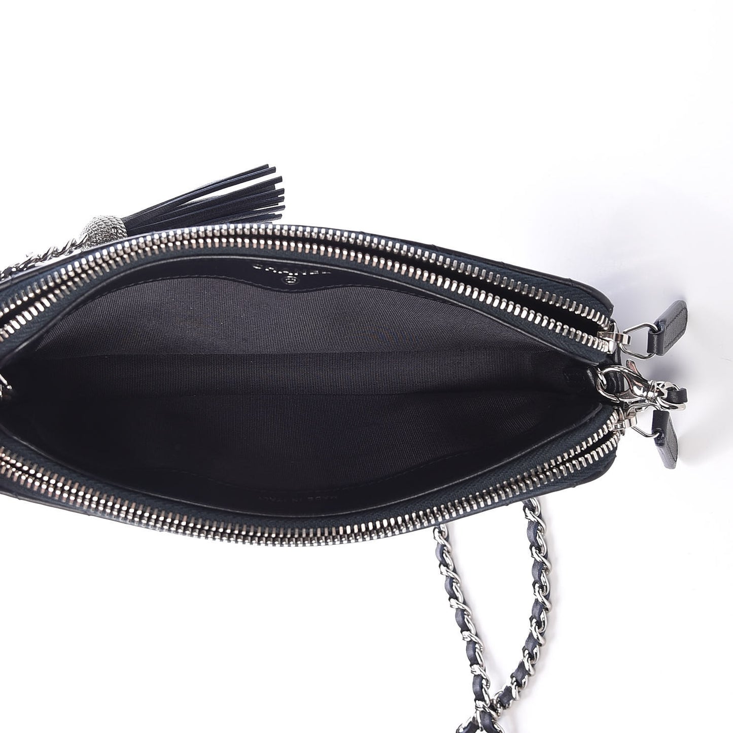 Calfskin Chevron Quilted Tassel Clutch With Chain Navy