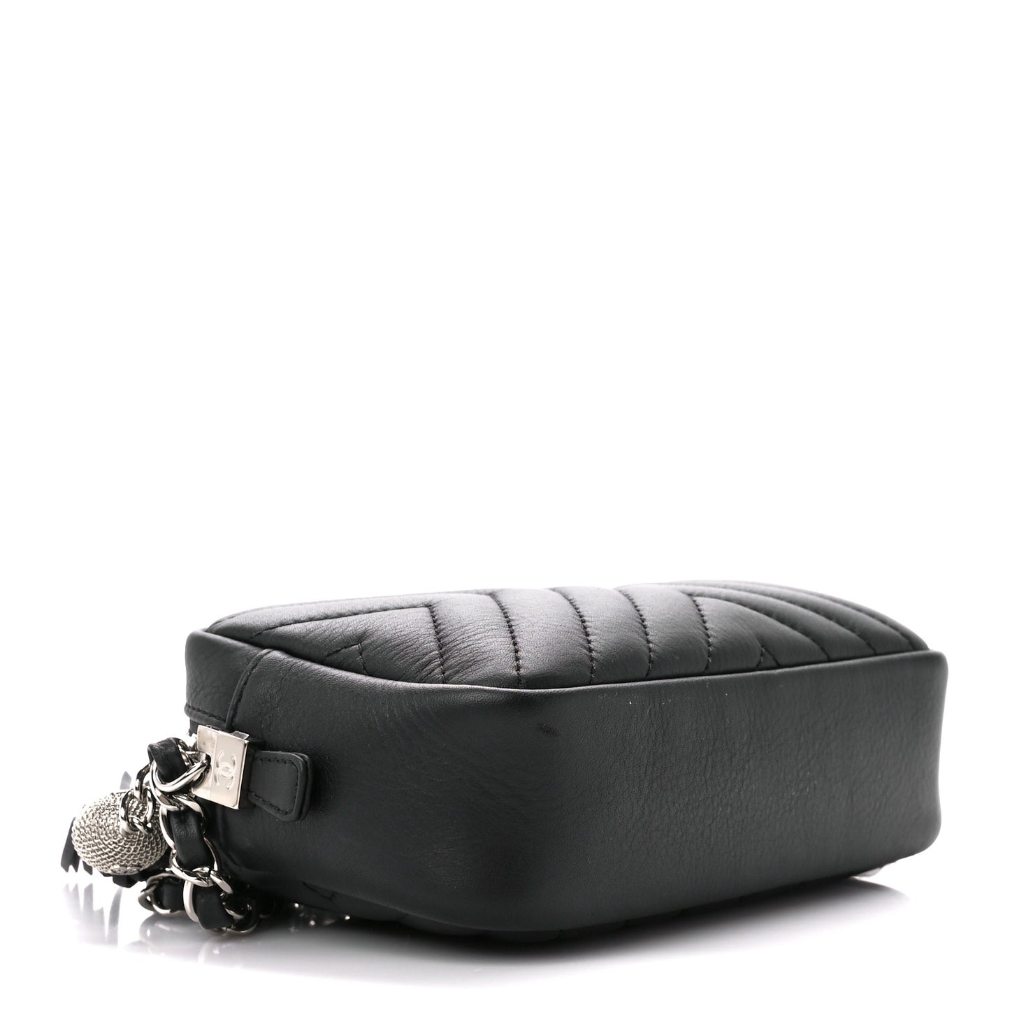Calfskin Diagonal Chevron Quilted Tassel Camera Case Black