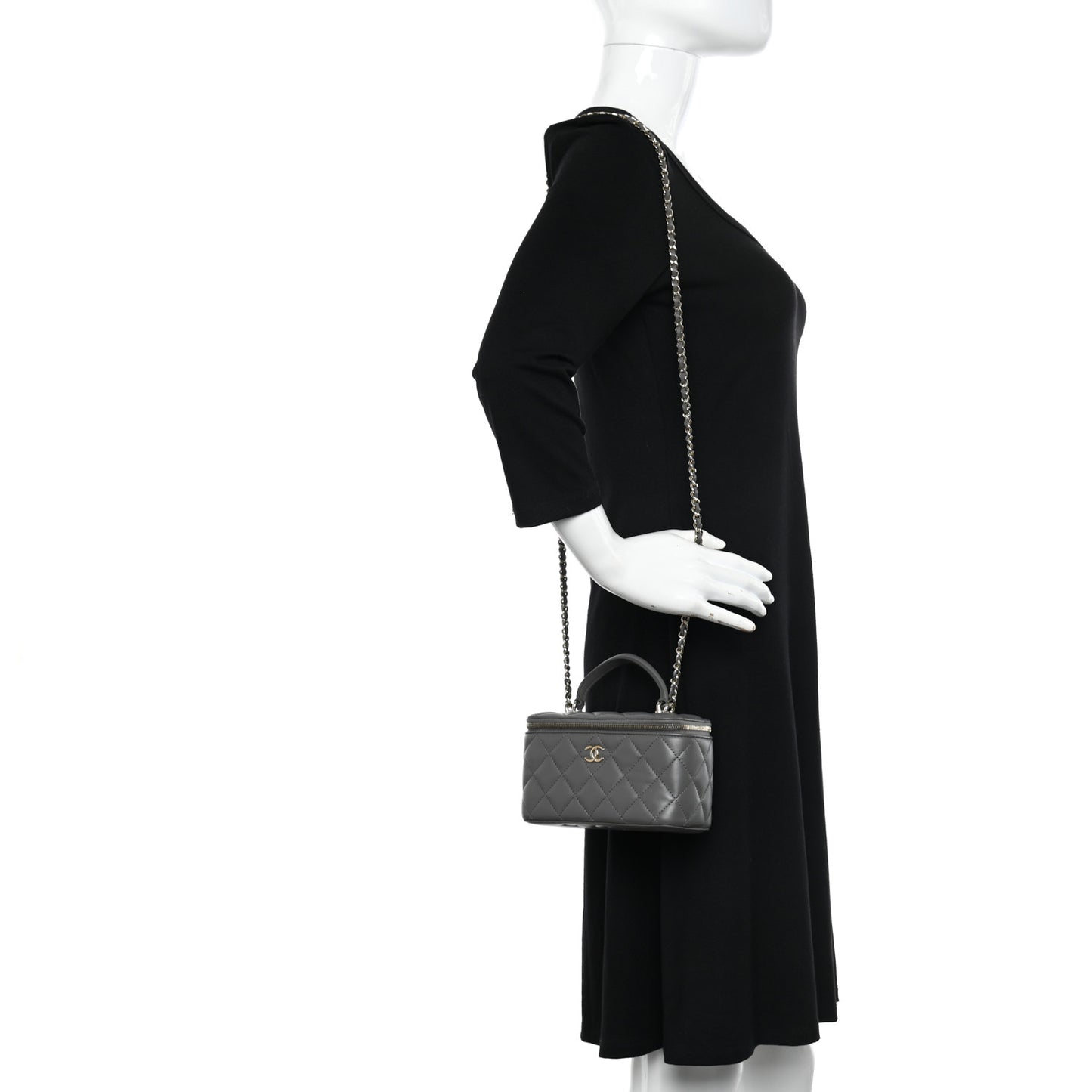 Lambskin Quilted Small Top Handle Vanity Case With Chain Dark Grey
