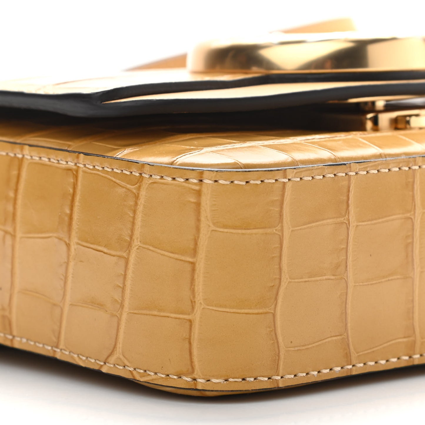 Calfskin Crocodile Embossed Mini C Double Carry Honey Gold