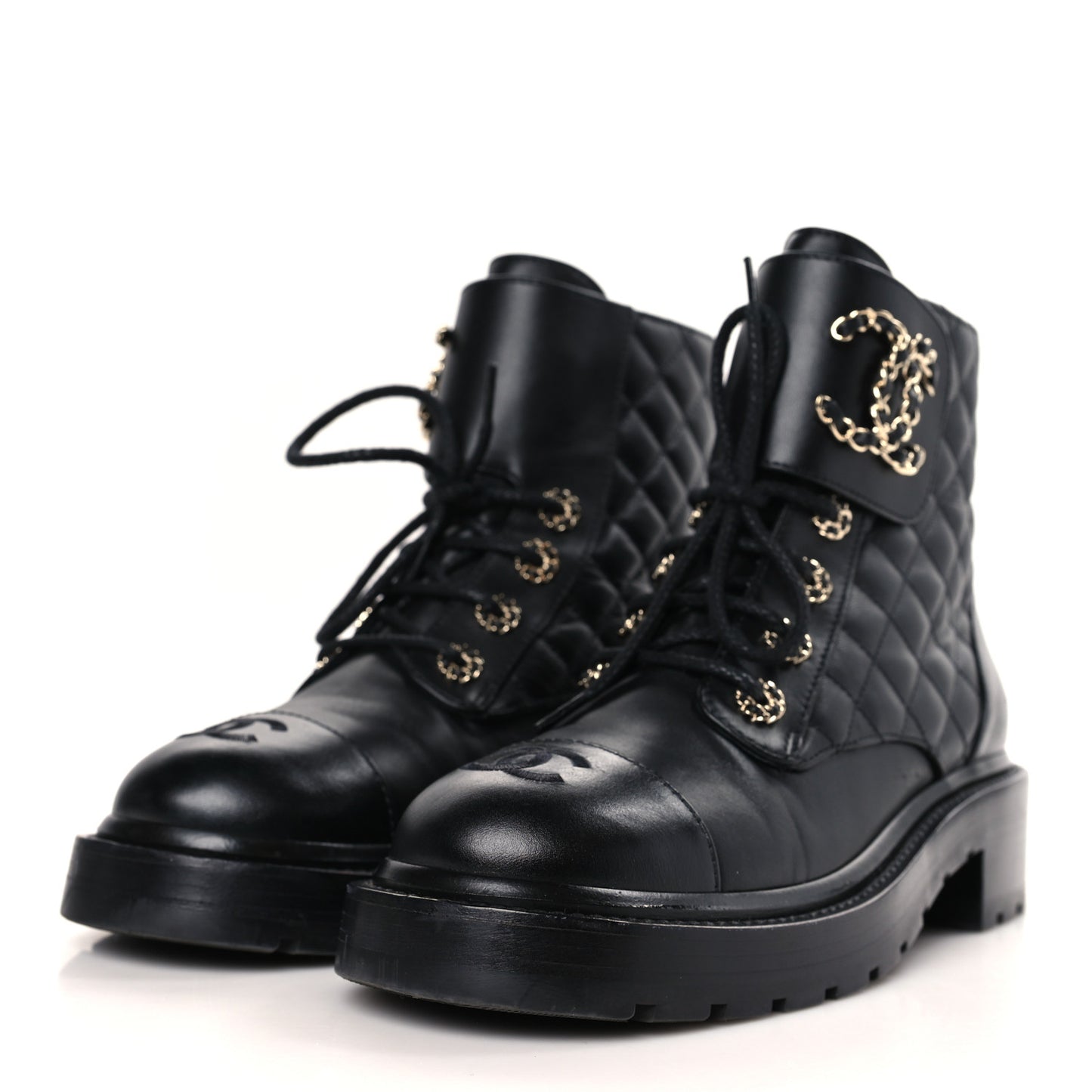 Shiny Calfskin Quilted Lace Up Combat Boots 38 Black