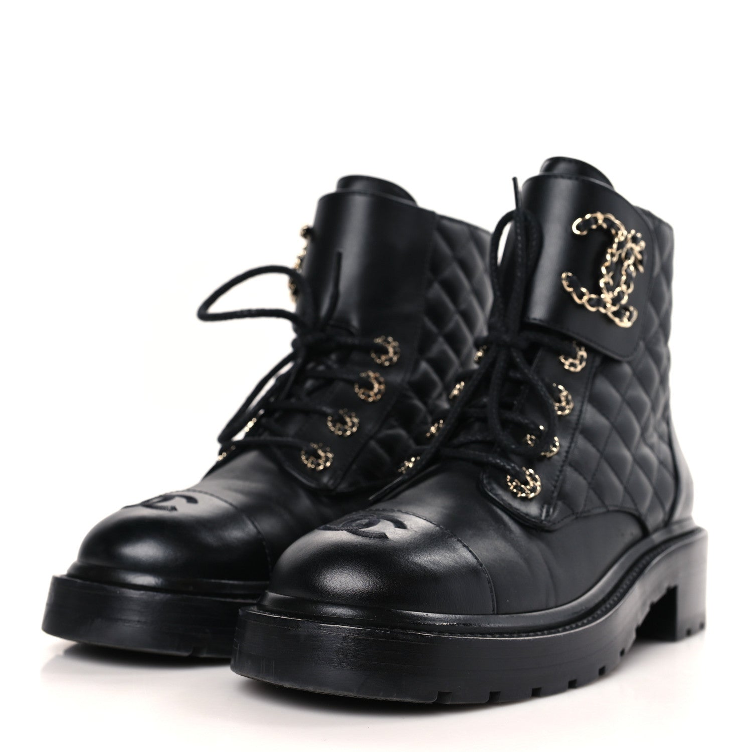 Chanel Shiny Calfskin Quilted Lace Up Combat Boots 38 Black 3 of 8